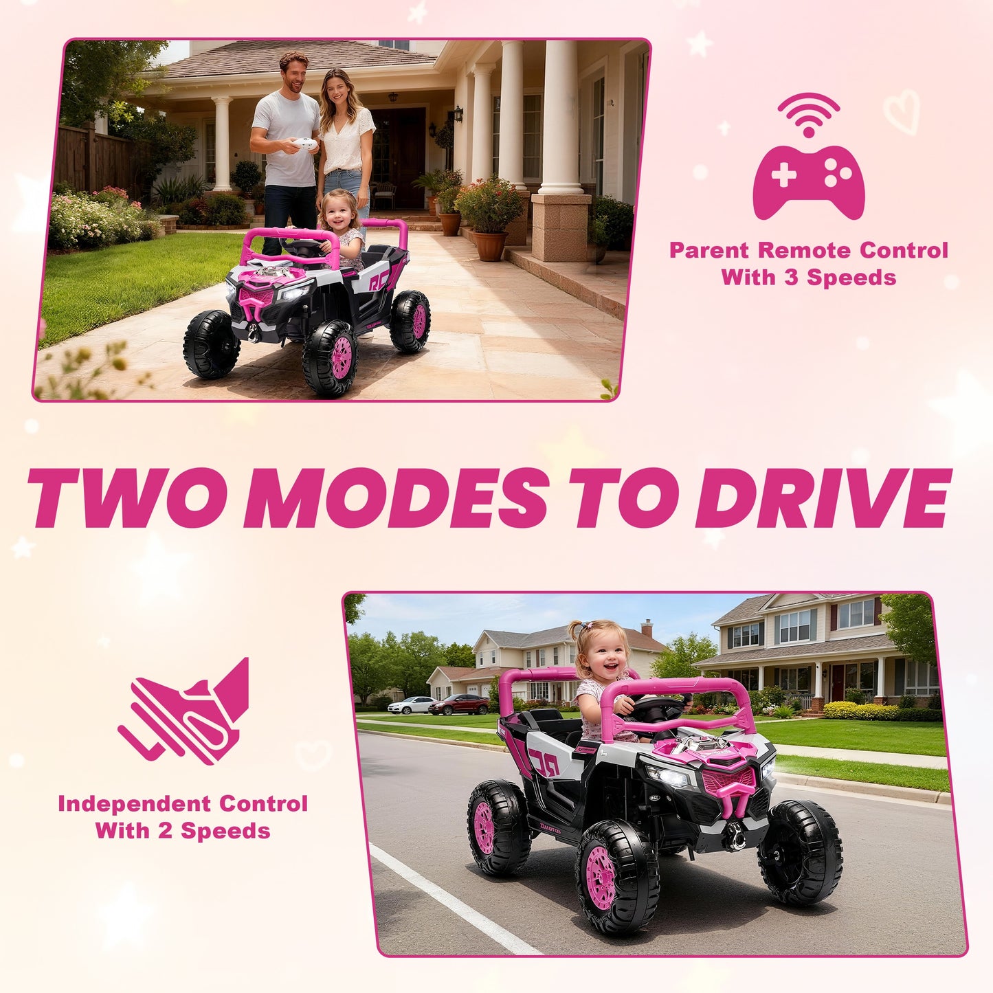 iRerts 12V Electric Ride on UTV, Powered Ride on Cars with Parent Remote Control, LED Lights, Music Player, Front Shock Absorbers, Ride on Toys for Kids Boys Girls Ages 3-4, Pink