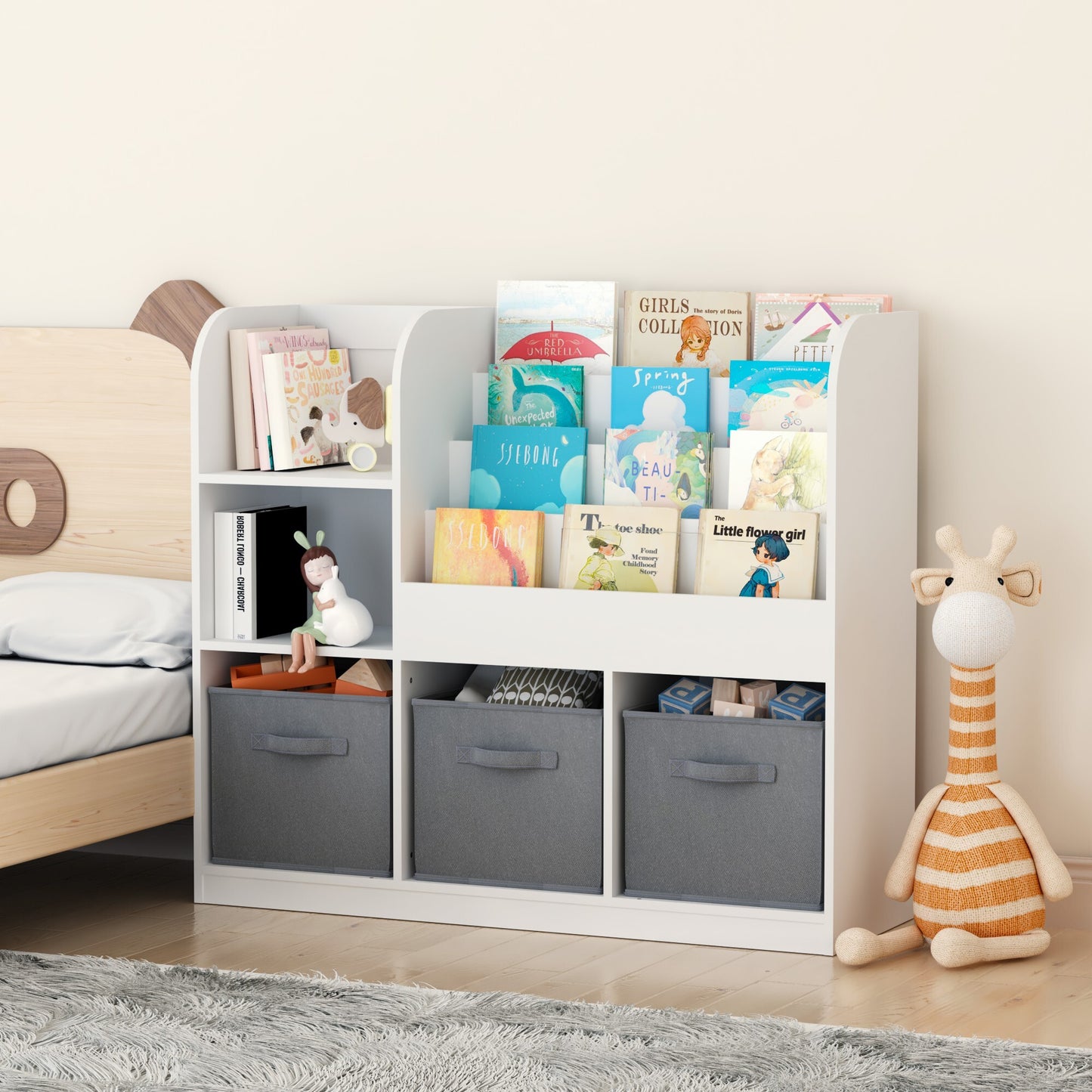 Kids Bookshelf and Toy Storage Organizer with 3 Drawers, Wooden Cube Bookcase for Children Toddlers with 4 Tier Book Display Shelf, for Kids Baby Room, Bedroom, Living Room, White