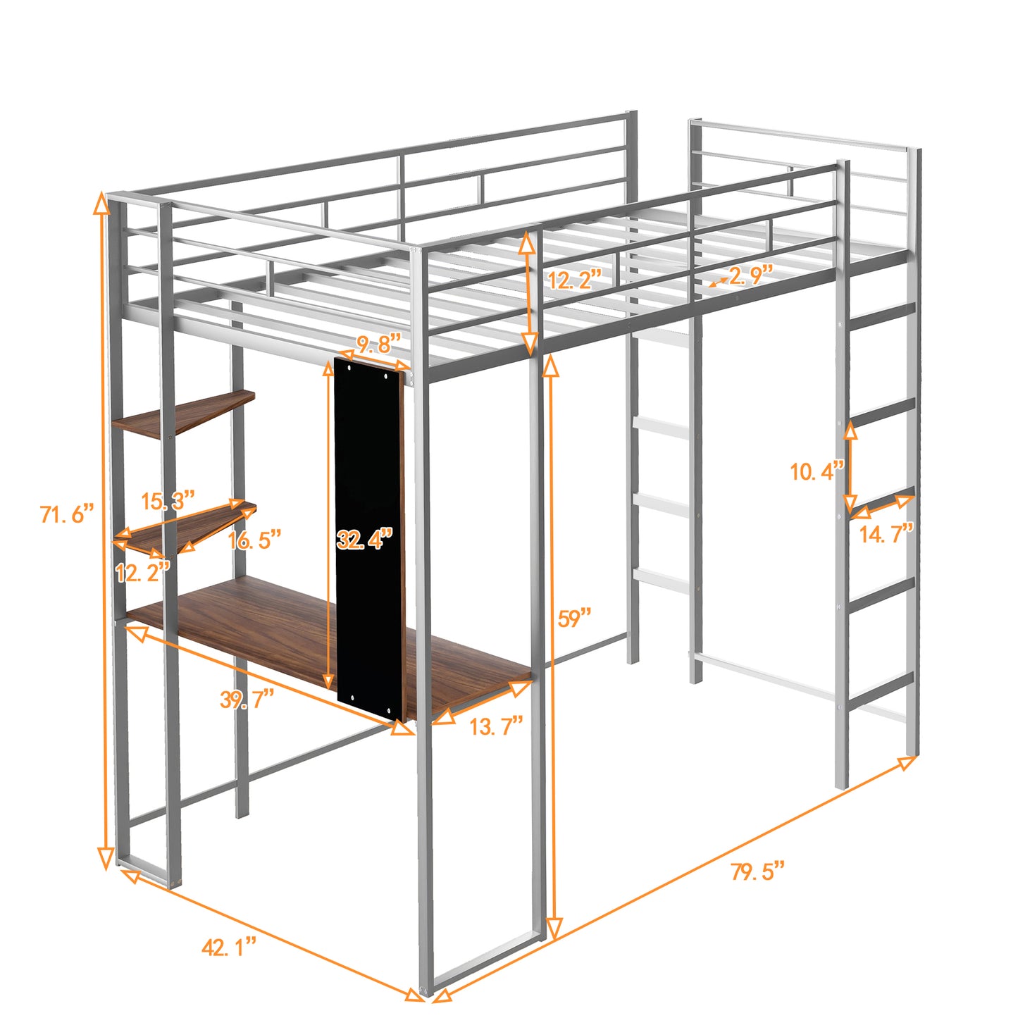 iRerts Twin Loft Bed, Twin Metal Loft Bed with 2 Shelves and 1 Desk, Twin Size Loft Bed with Safety Guardrail, Modern Twin Loft Bed Frame for Dorm Bedroom Guest Room, No Box Spring Needed, Silver