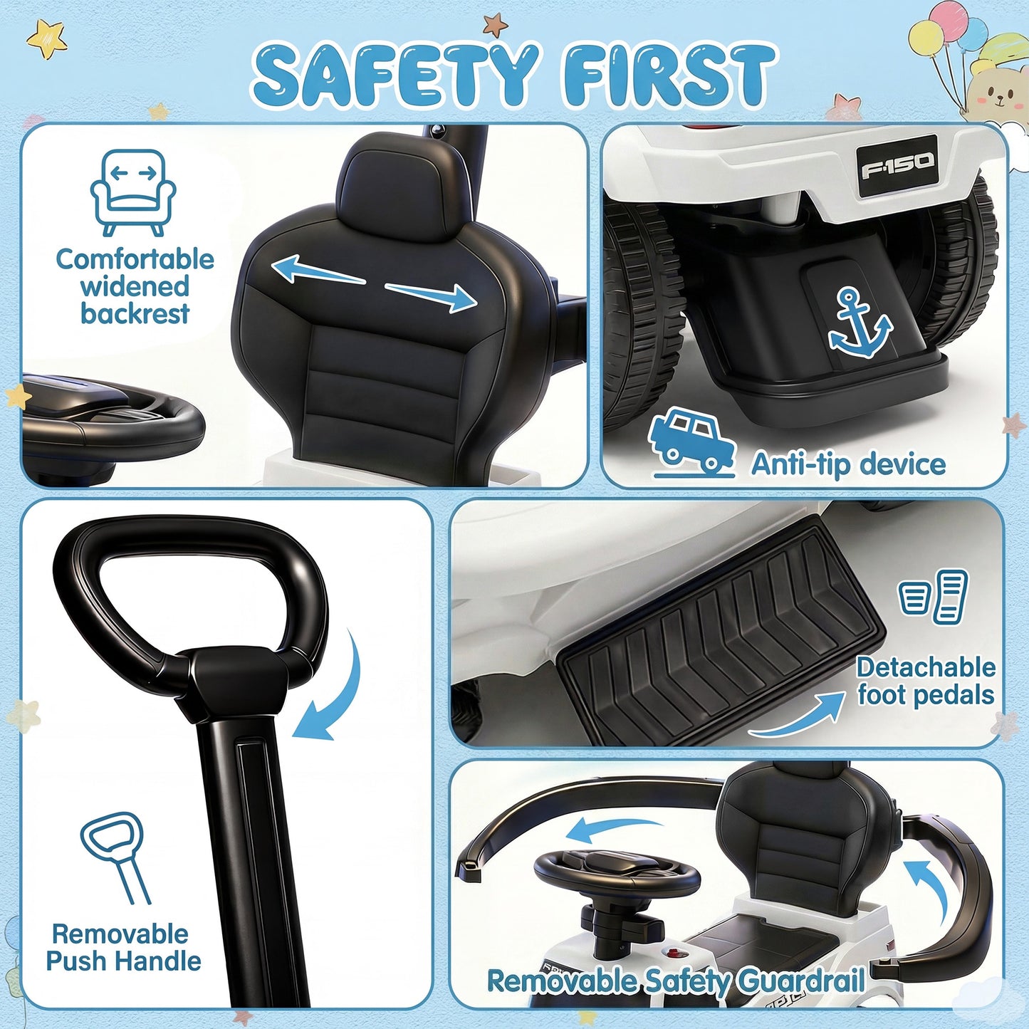 Push Car for Toddlers 1-3, Licensed Ford F-150 3-in-1 Kids Ride on Toy with Parent Push Handle, Foot to Floor Sliding Car with Horn & Lights, Under Seat Storage, White