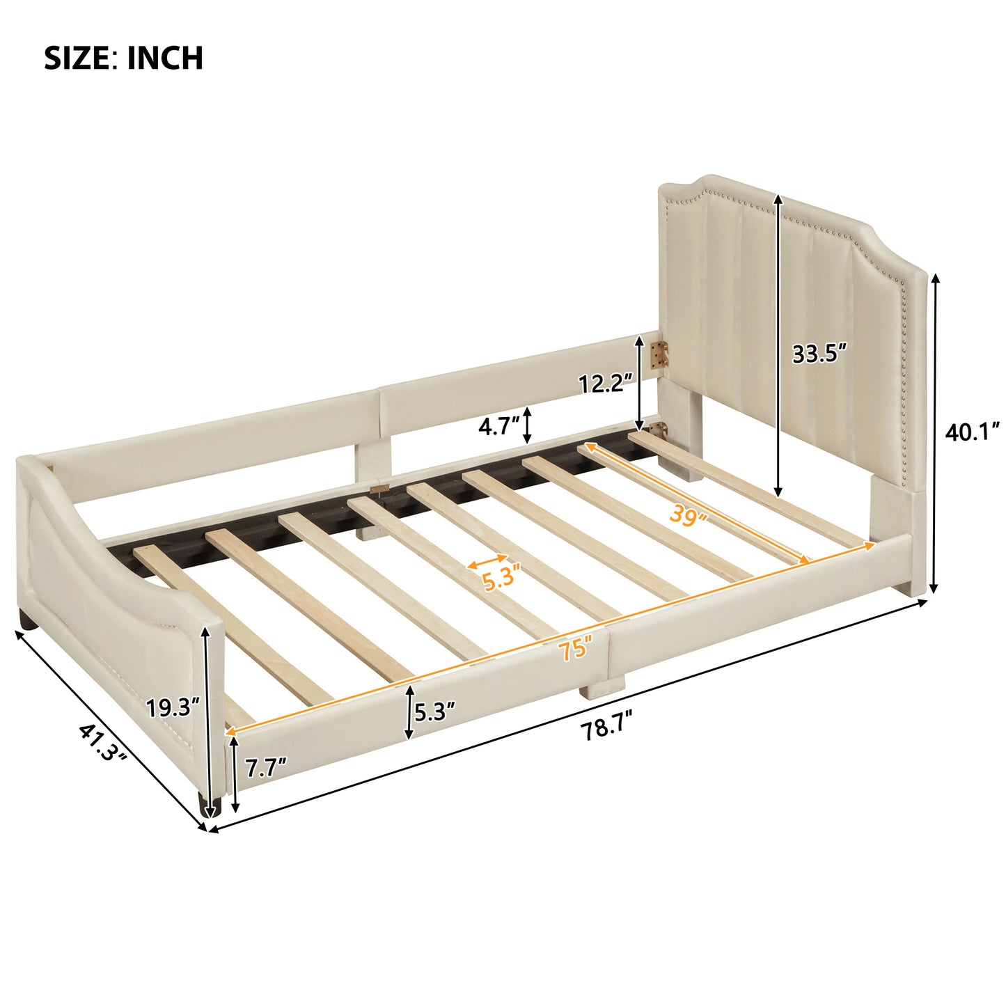 iRerts Upholstered Twin Platform Bed Frame, Velvet Twin Daybed Frame with Classic Stripe Shaped Headboard and Footboard, Wood Twin Size Sofa Bed for Kids Girls Boys, No Box Spring Needed, Beige