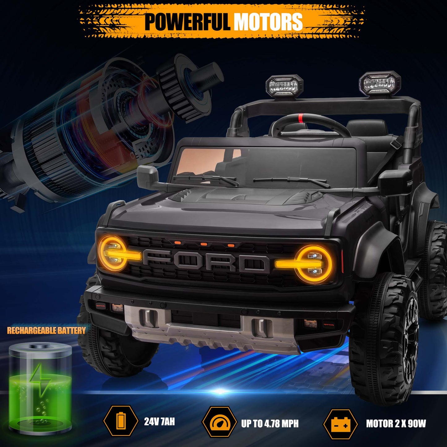 Ford Bronco Raptor 24V Ride on Toys, 2 Seater Ride on Cars with Remote Control, Bluetooth Music, Spring Suspension, Battery Powered Electric Car for Kids Ages 3-8, Black
