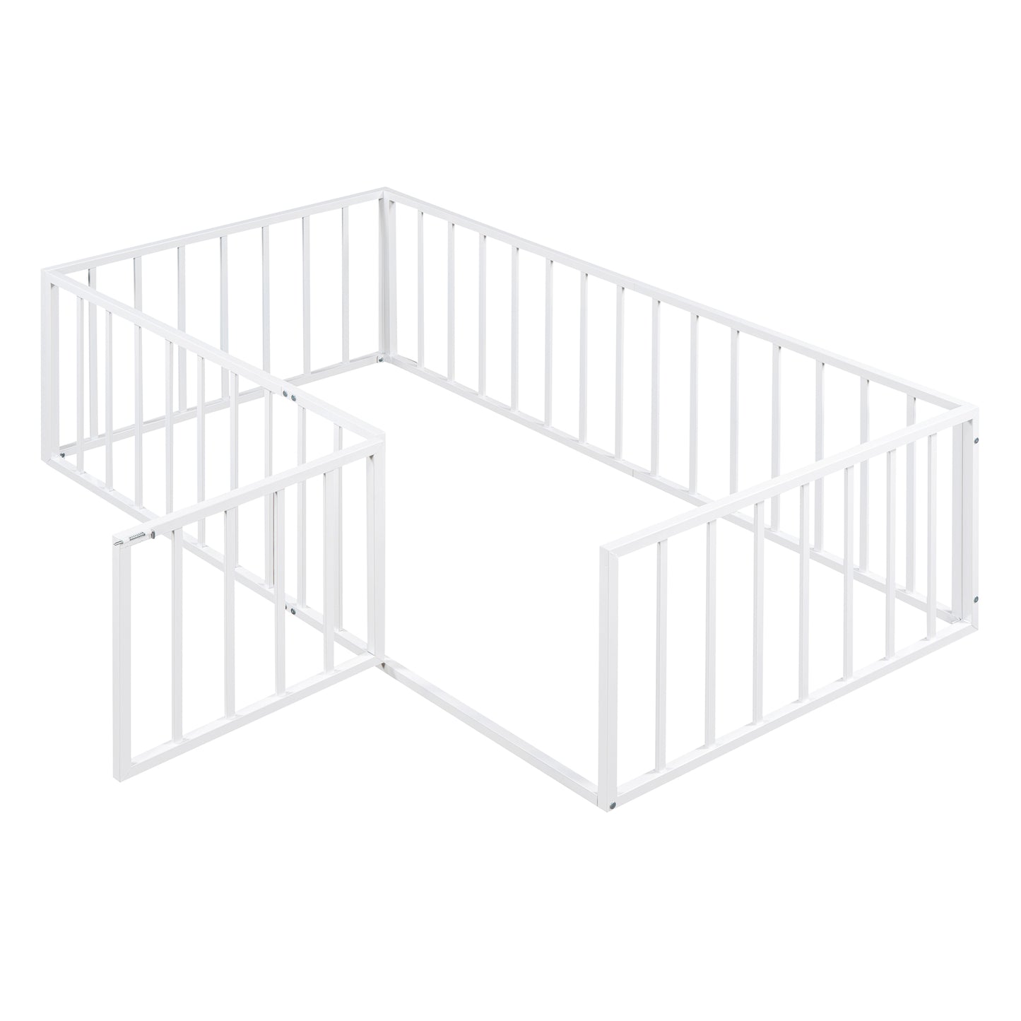 iRerts Twin Floor Bed Frame, Metal Twin Size Montessori Floor Bed Frame with Fence and Door, Kids Toddler Floor Bed Frame Twin Size for Girls Boys, Twin Bed Frame without Bed Slats, White