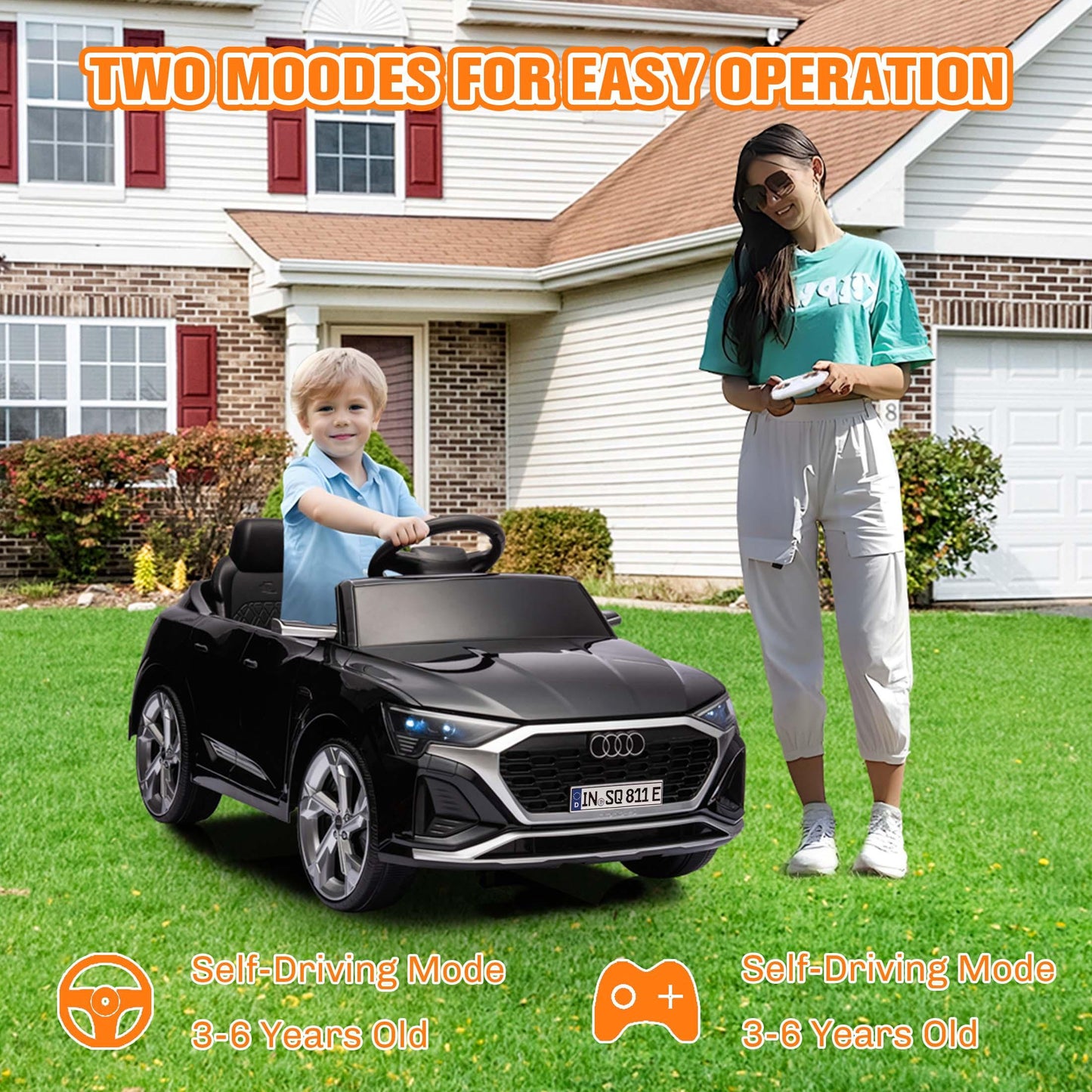 Ride on Toy Car Kids for Boys Girls, Licensed Audi SQ8 12V Ride on Cars with Remote Control, Battery Powered Electric Vehicle Car for Kids with Music, LED Lights, 3 Speed, 4 Wheeler, Black