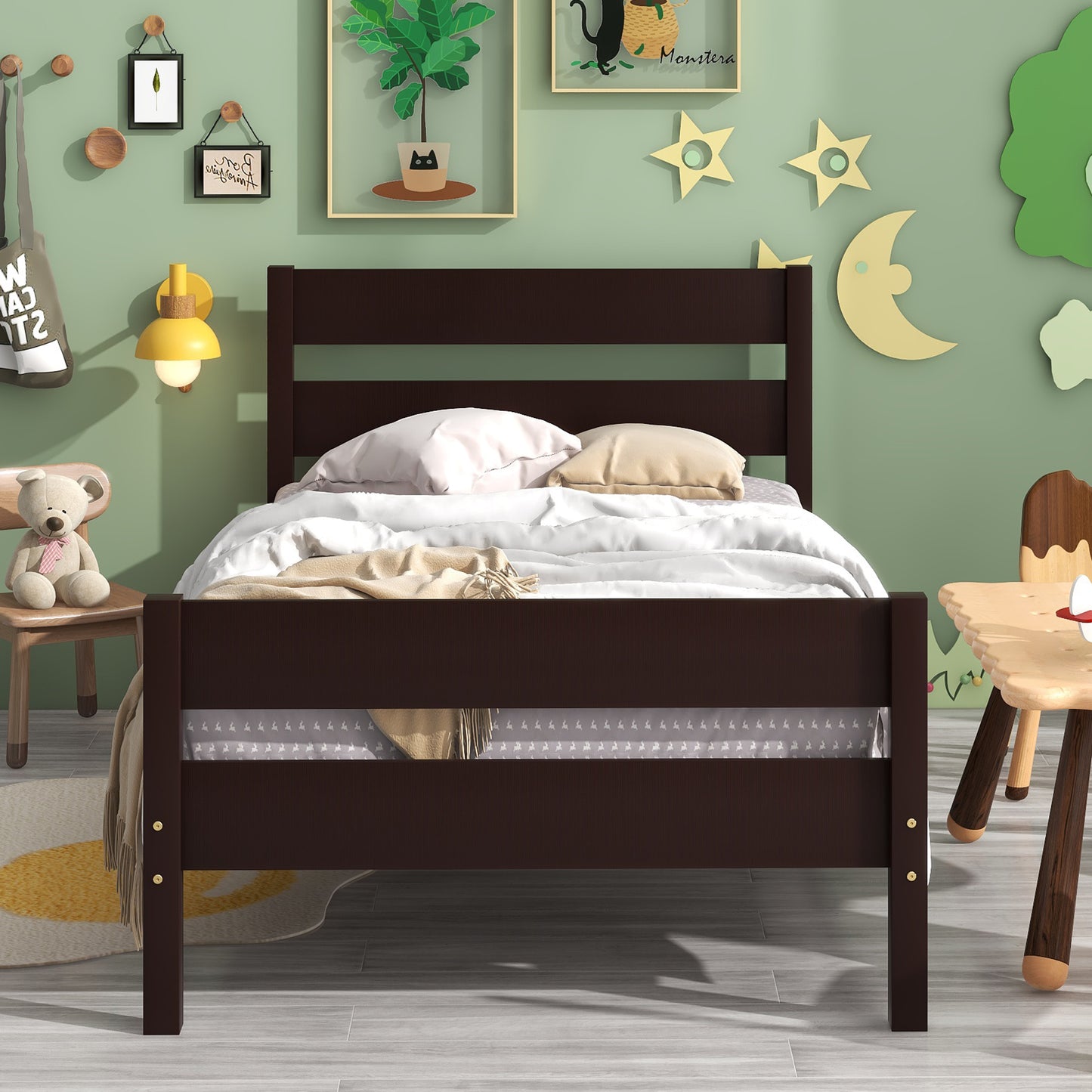 iRerts Wood Twin Bed Frame, Espresso Twin Platform Bed Frame with Headboard and Footboard, Modern Twin Bed Frame No Box Spring Needed for Adults Teens Kids, Twin Size Bed Frame with Wood Slat Support