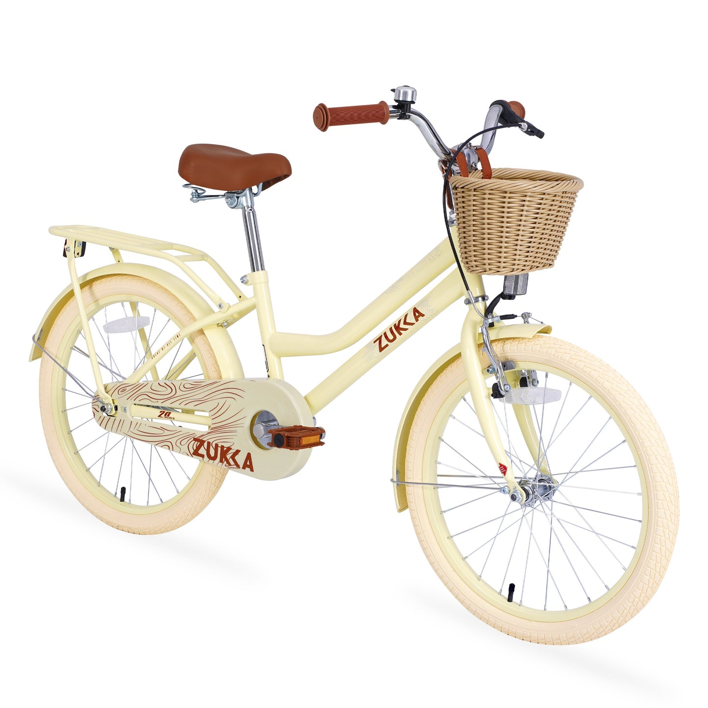 iRerts Girls Bike for 7-10 Years Old Kids, 20 Inch Bike with Basket, Brown Leather Saddle, Coaster Brakes, Retro Style Girls Bicycle Kids Cycle Bikes, Kids Bicycle for Gifts, Yellow
