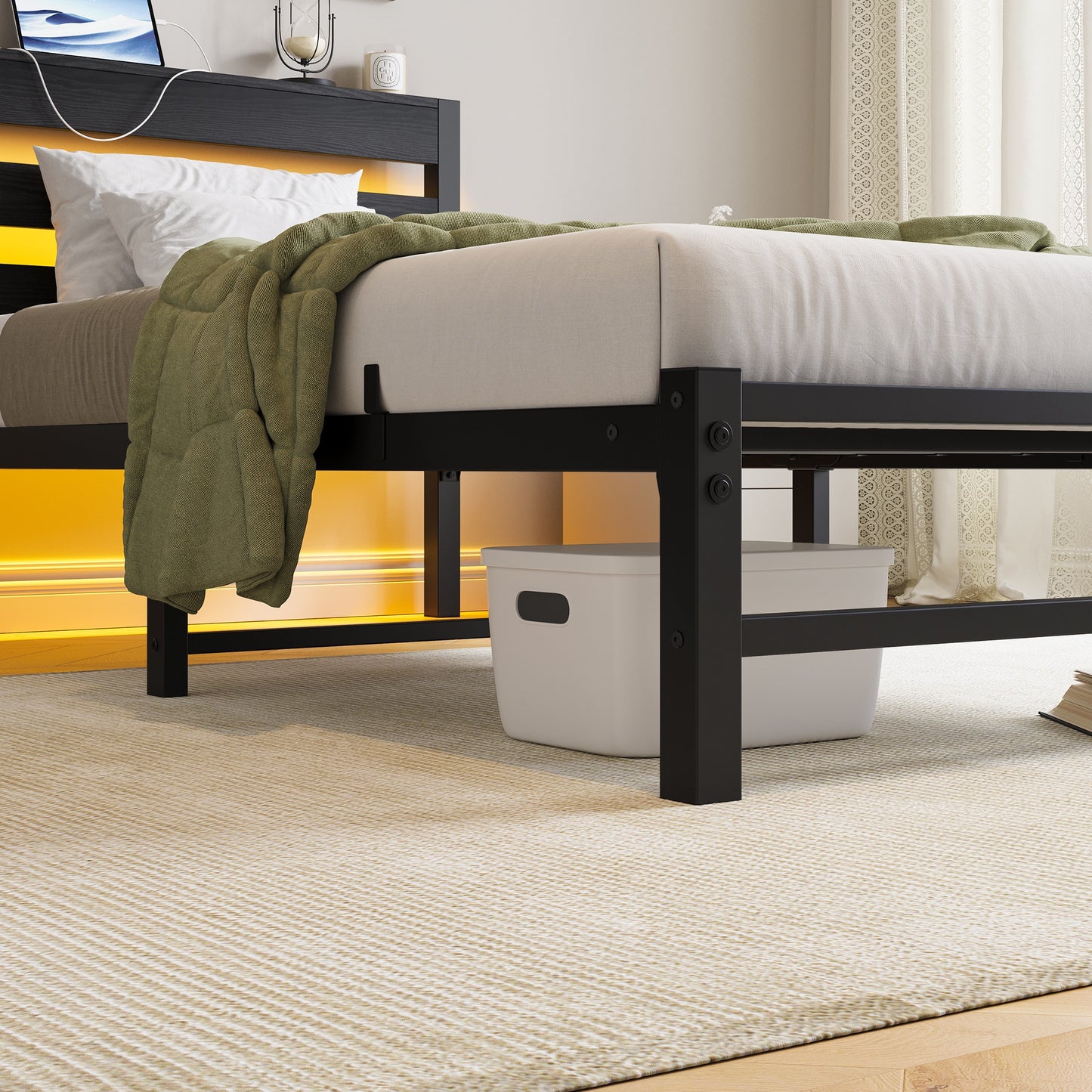 iRerts Twin Bed Frame with Headboard, Metal Platform Bed Frame Twin Size with USB Charging Station, LED Lights, Steel Slats, LED Bed Frame No Box Spring Needed for Bedroom Furniture, Black