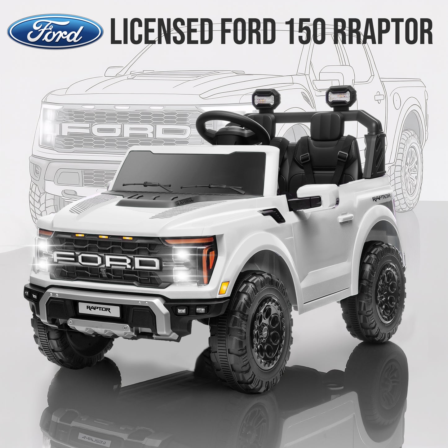 iRerts 24V Ride on Toys for Big Kids, Licensed Ford F 150 Raptor 2 Seater Ride on Cars with Remote Control, Bluetooth, FM Radio, LED Lights, 4 Wheels Suspension, Electric Car for Kids Ages 3-8, White