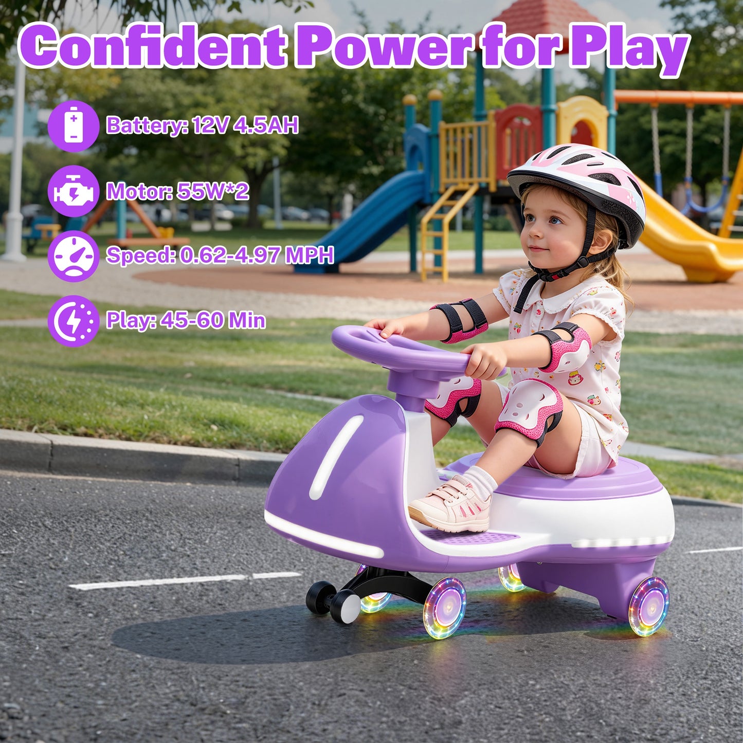 iRerts 12V Ride on Toys, Electric Ride on Wiggle Car with Pedal, 2 in 1 Swing Car Kids Wiggle Car for Toddlers Ages 3+, Kids Cars with Flashing PU Wheels, Bluetooth Music, 5MPH Max Speed, Purple
