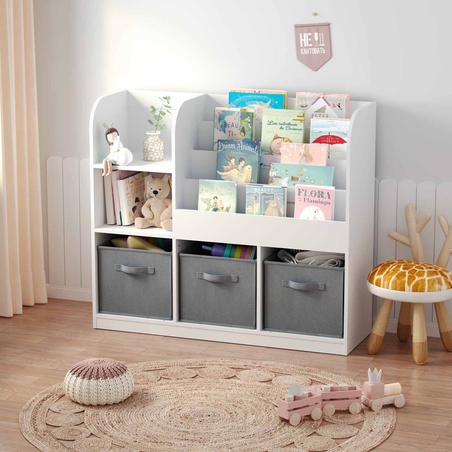 Kids Bookshelf and Toy Storage Organizer with 3 Drawers, Wooden Cube Bookcase for Children Toddlers with 4 Tier Book Display Shelf, for Kids Baby Room, Bedroom, Living Room, White