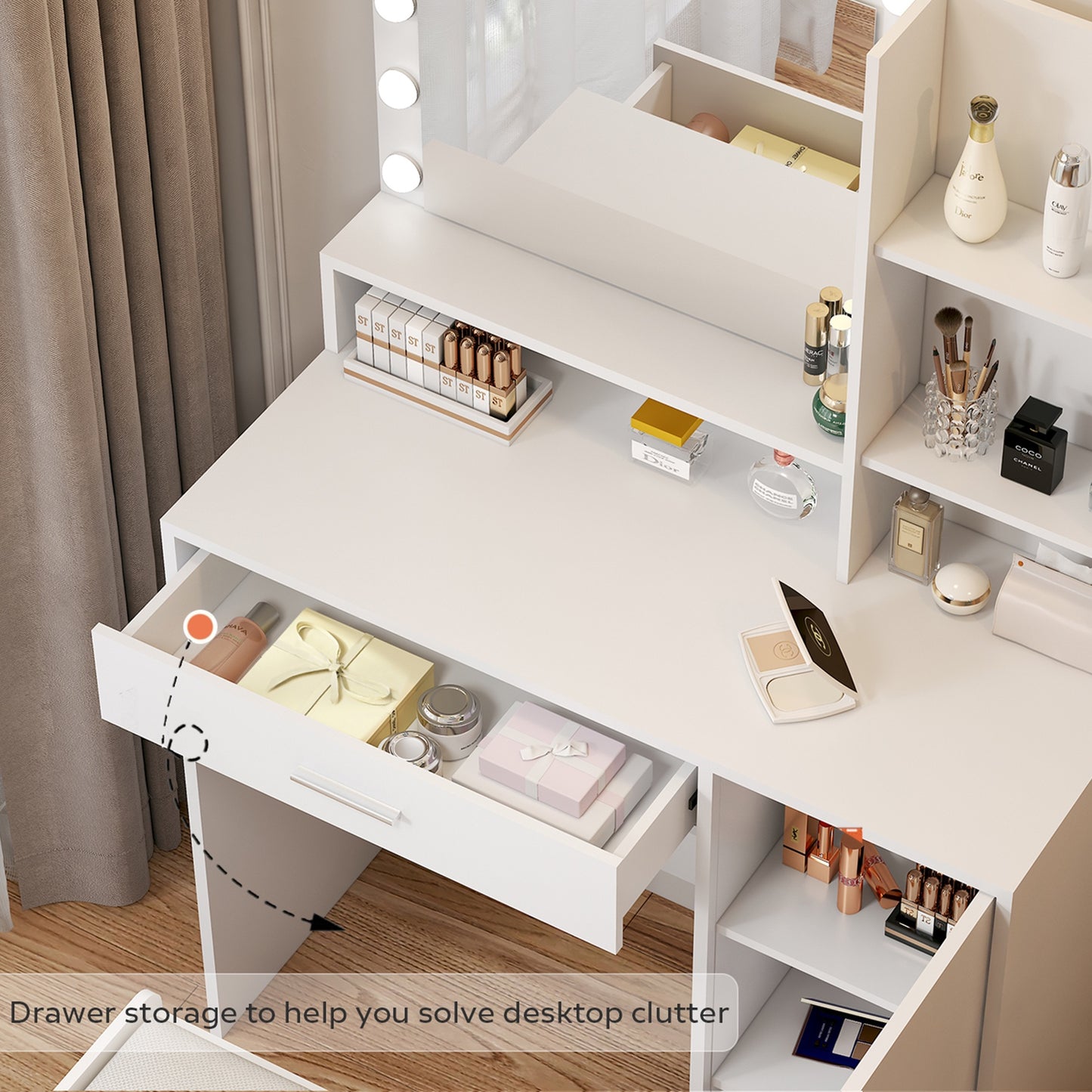 iRerts Vanity Desk with Mirror and LED Lights, White Makeup Table with Stool, Large Drawer and 3 Storage Dressers, 3 Lighting Modes Adjustable Brightness, Makeup Table Set Dressing Table for Bedroom