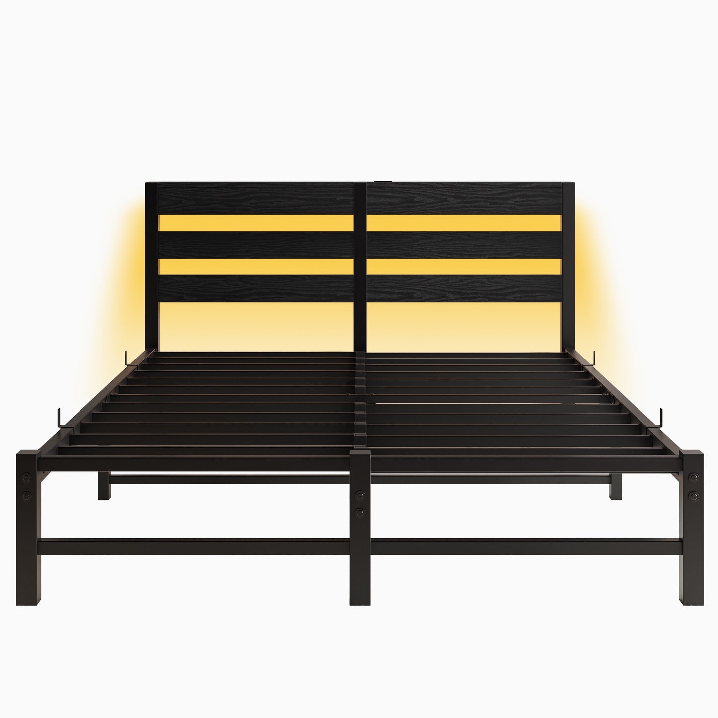 iRerts Queen Bed Frame with Headboard, Metal Platform Bed Frame Queen Size with USB Charging Station, LED Lights, Steel Slats, LED Bed Frame No Box Spring Needed for Bedroom Furniture, Black