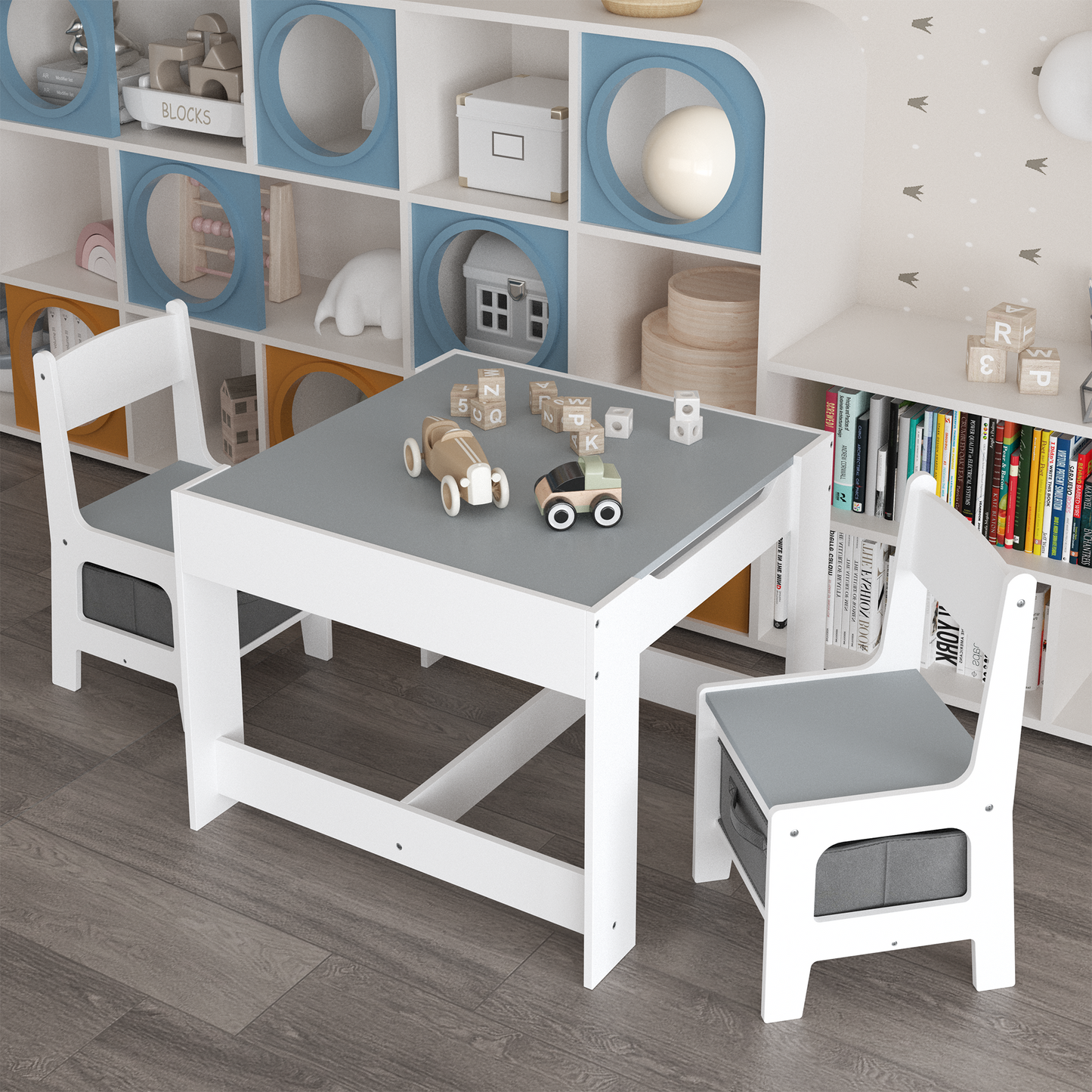 iRerts Kids Table and Chairs Set 5 Piece, Wooden Table and 4 Chairs with Storage Function for Children Toddler, Gray and White