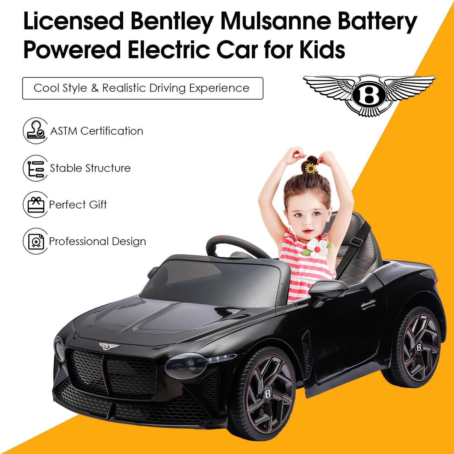 12V Ride On Car with Remote Control, Licensed Bentley Mulsanne Kids Electric Car with Bluetooth, Music, USB, MP3, LED Light, Battery Powered Electric Ride On Vehicle for Boy Girl Birthday Gift, Black