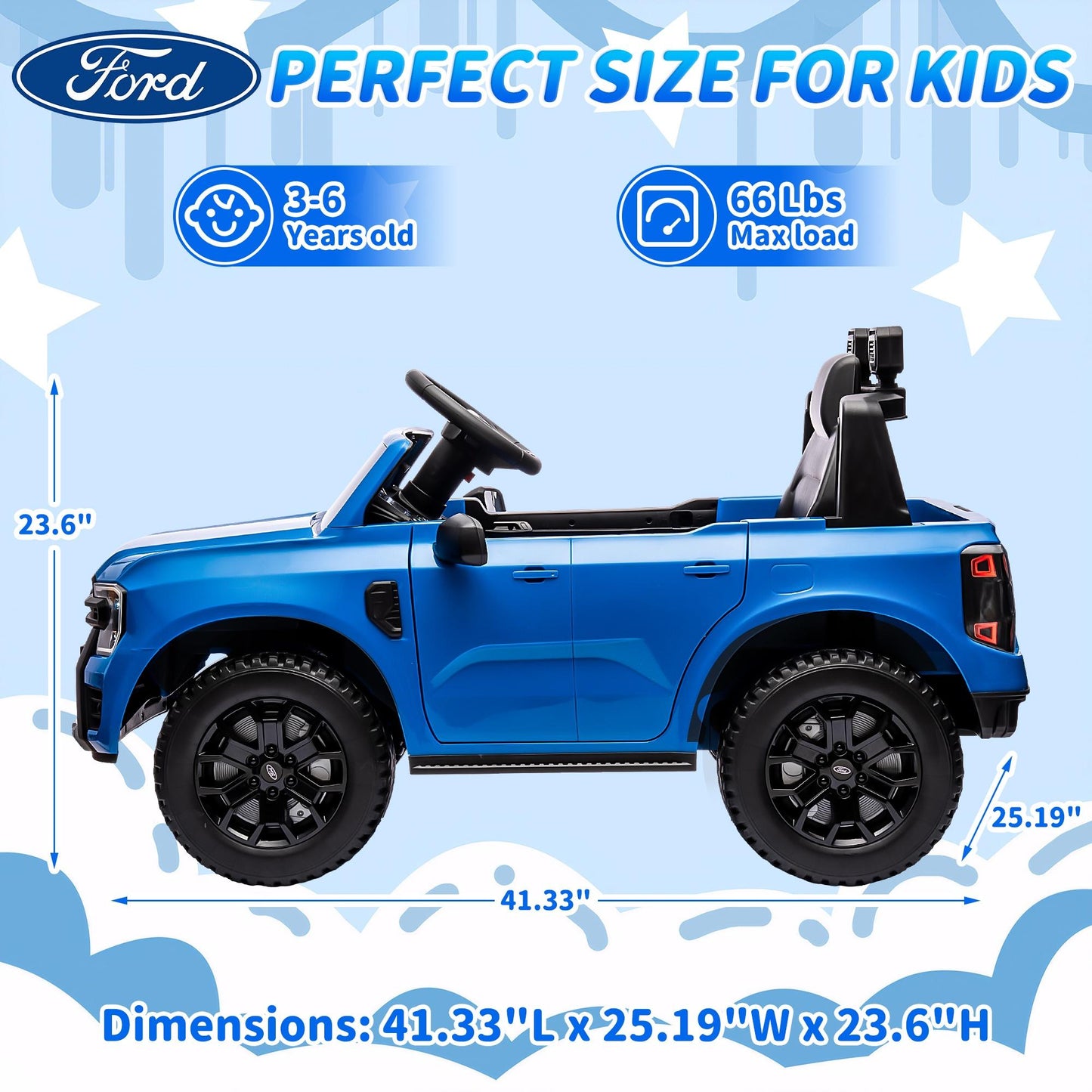 iRerts Blue 12V Ford Ranger Powered Ride on Car with Remote Control, Kids Electric Car for Boys Girls 3-6 Ages, Kids Ride on Toys with Bluetooth, Music, USB Port, Horn, LED Lights