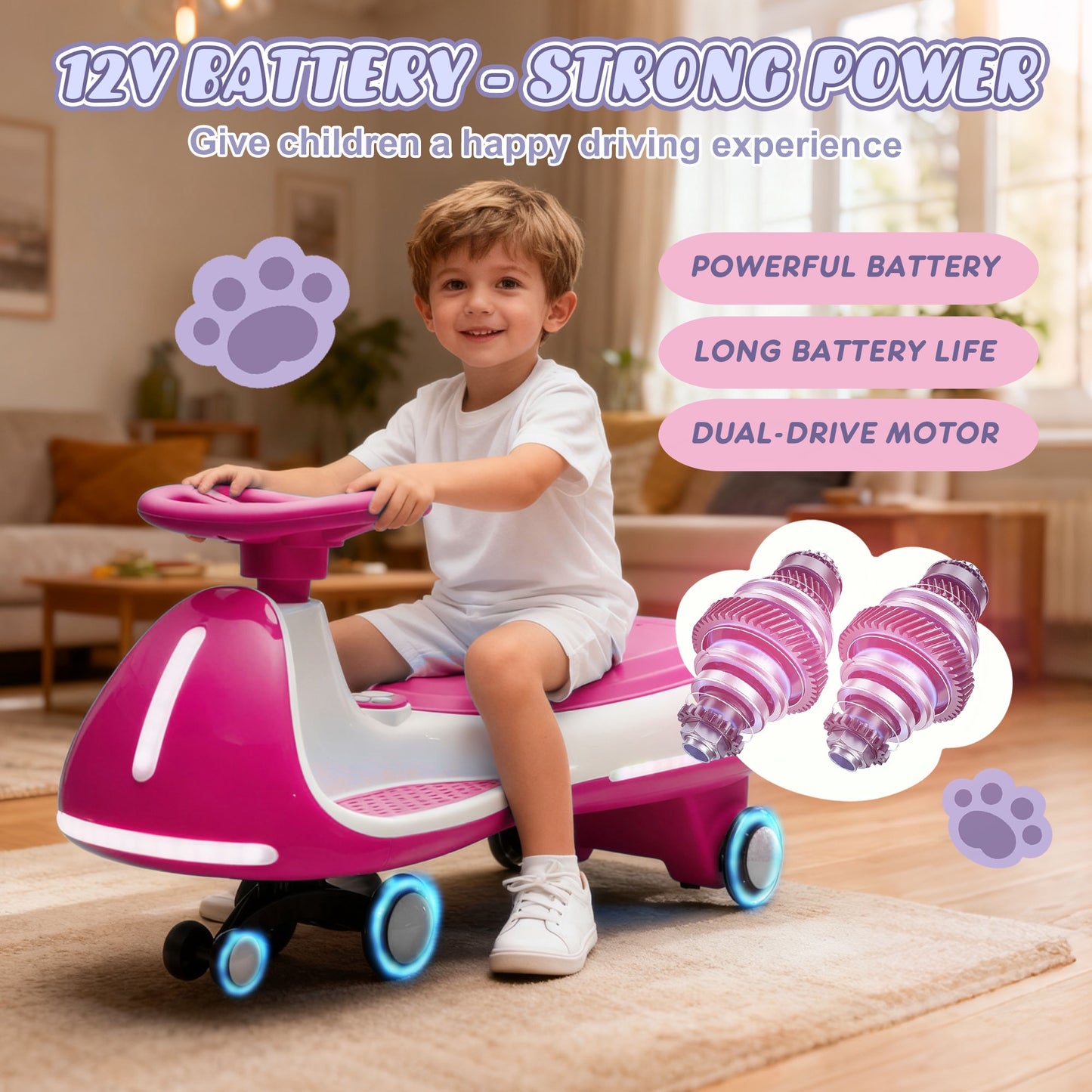 12V Electric Wiggle Car, Powered Ride on Toys for Kids with Flashing PU Wheels, Bluetooth Music, 2-in-1 Swing Car Kids Electric Vehicles for Boys Girls Ages 3+, Rose Red