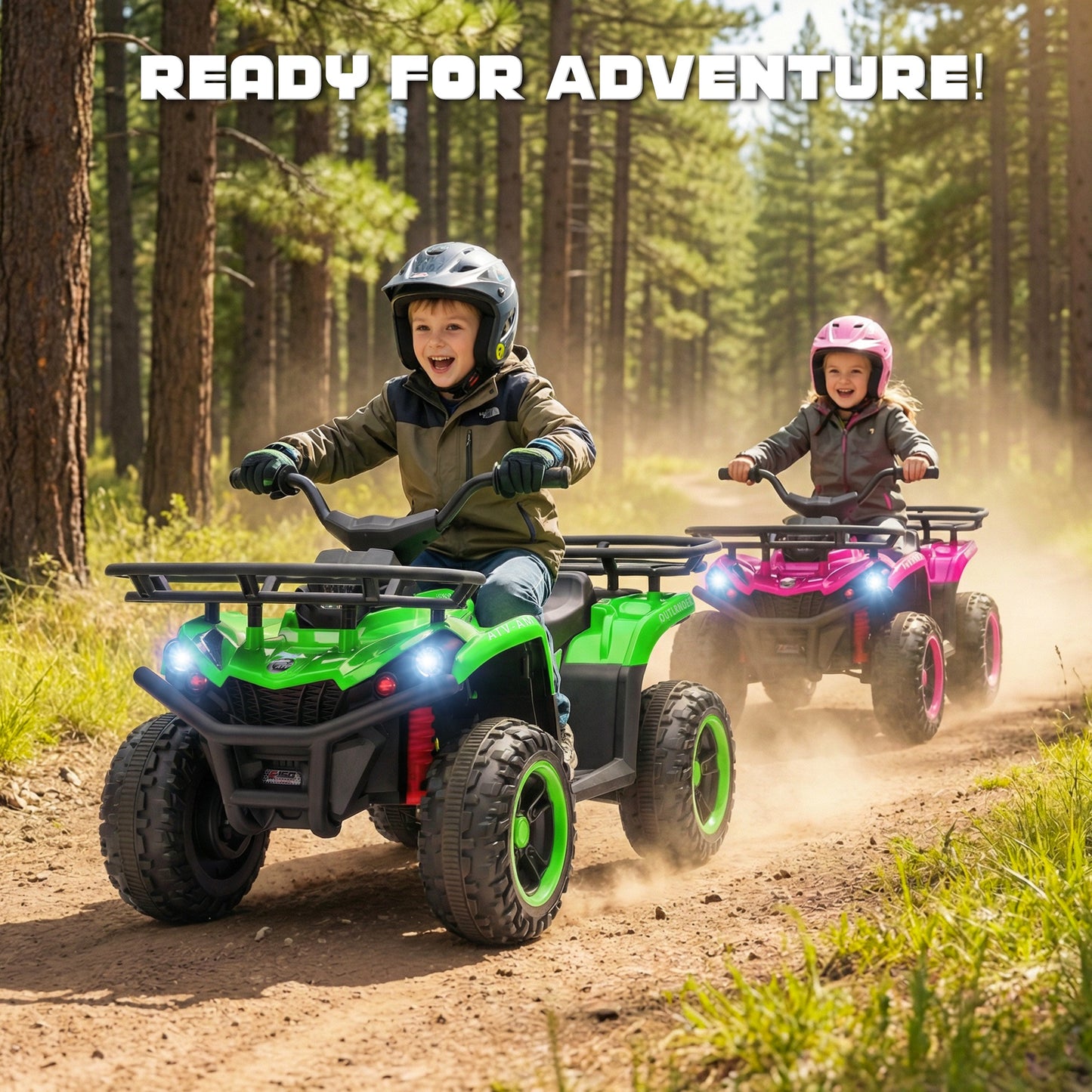 iRerts 24V Ride on ATV, Powered Ride on Toys for Kids Boys Girls Ages 3-5, Kids 4 Wheeler Electric Cars with Bluetooth, Music, LED Headlights, Front Rear Storage Racks, Crash Bars, Green