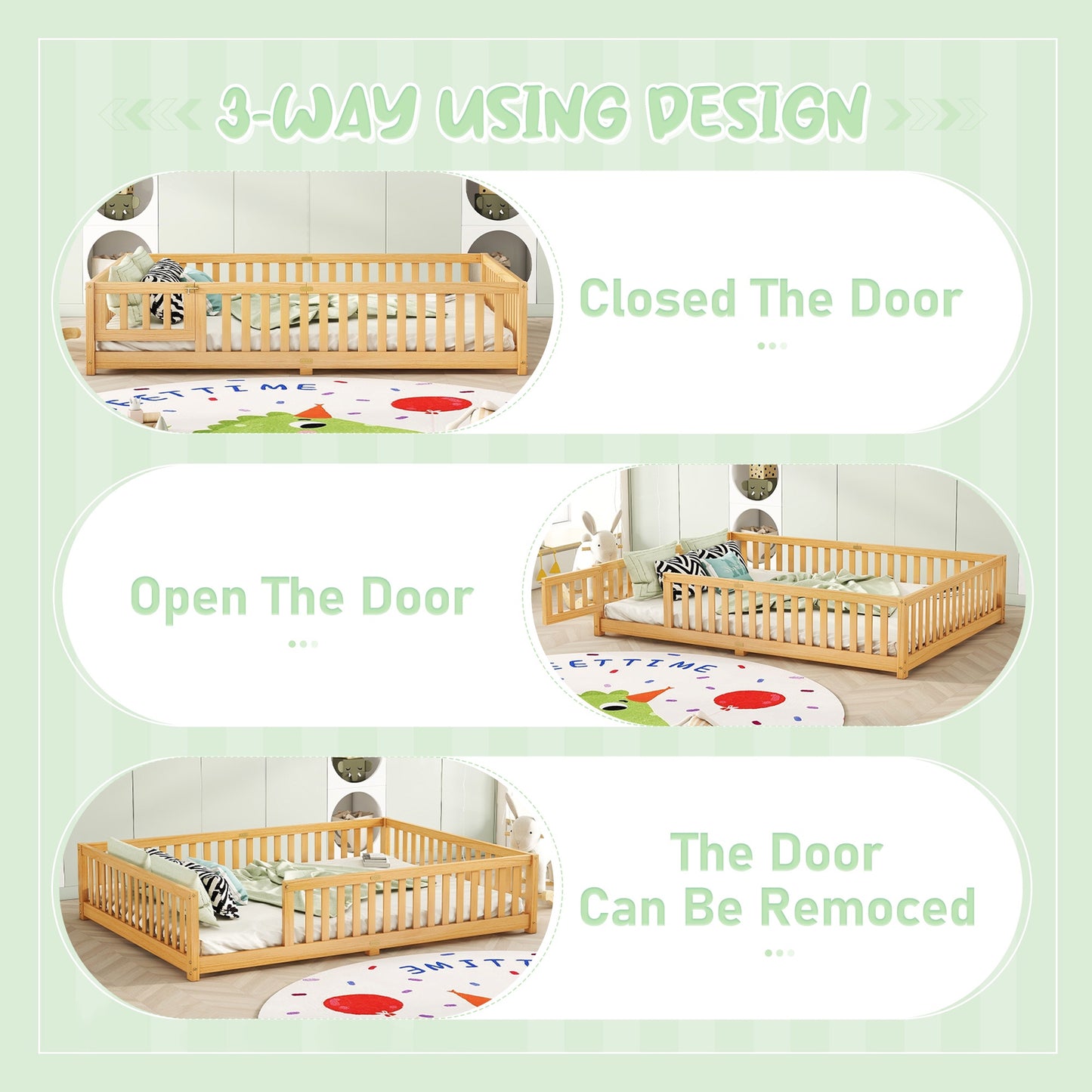 iRerts Queen Floor Bed Frame for Toddlers Kids, Wood Queen Montessori Bed Frame with Slats, Fence, Door, Kids Montessori Bed Queen Size, Queen Toddler Bed Frame for Boys Girls, Natural