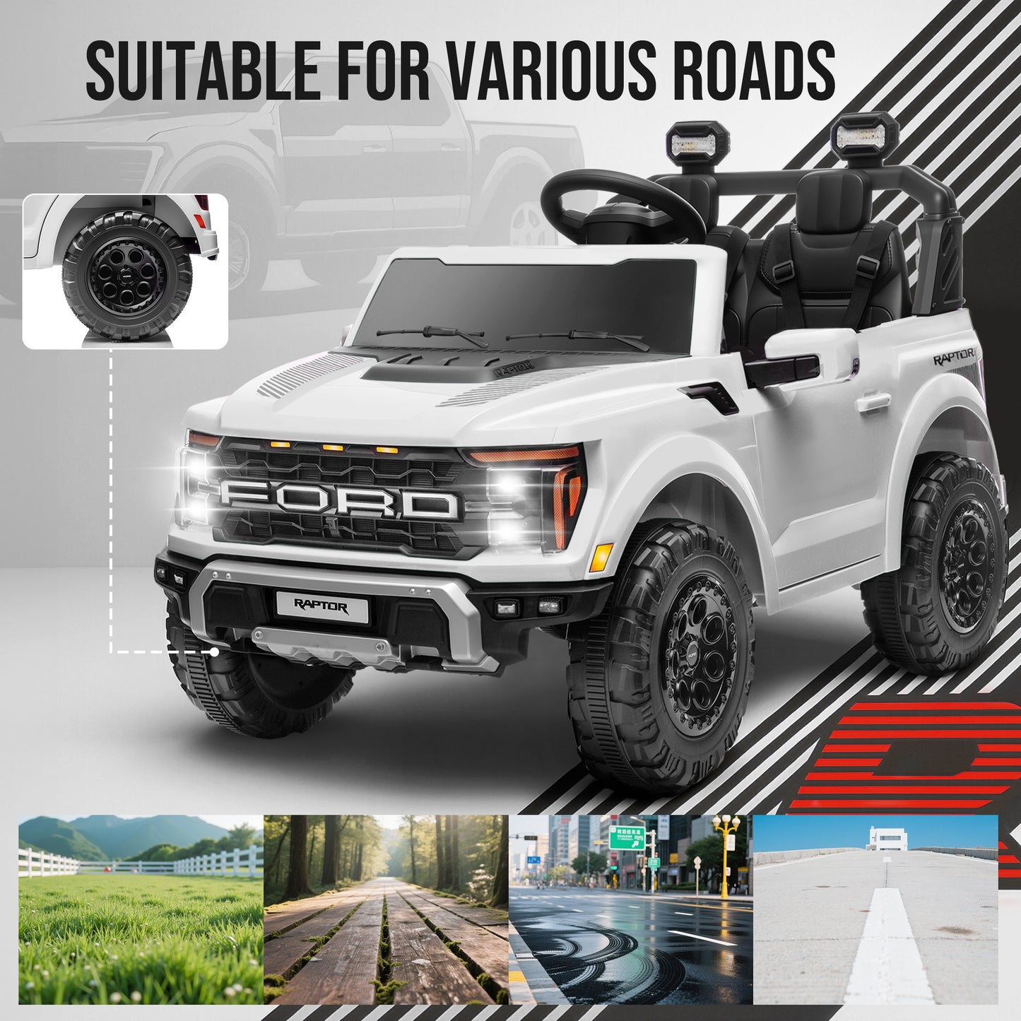iRerts 24V Ride on Toys for Big Kids, Licensed Ford F 150 Raptor 2 Seater Ride on Cars with Remote Control, Bluetooth, FM Radio, LED Lights, 4 Wheels Suspension, Electric Car for Kids Ages 3-8, White