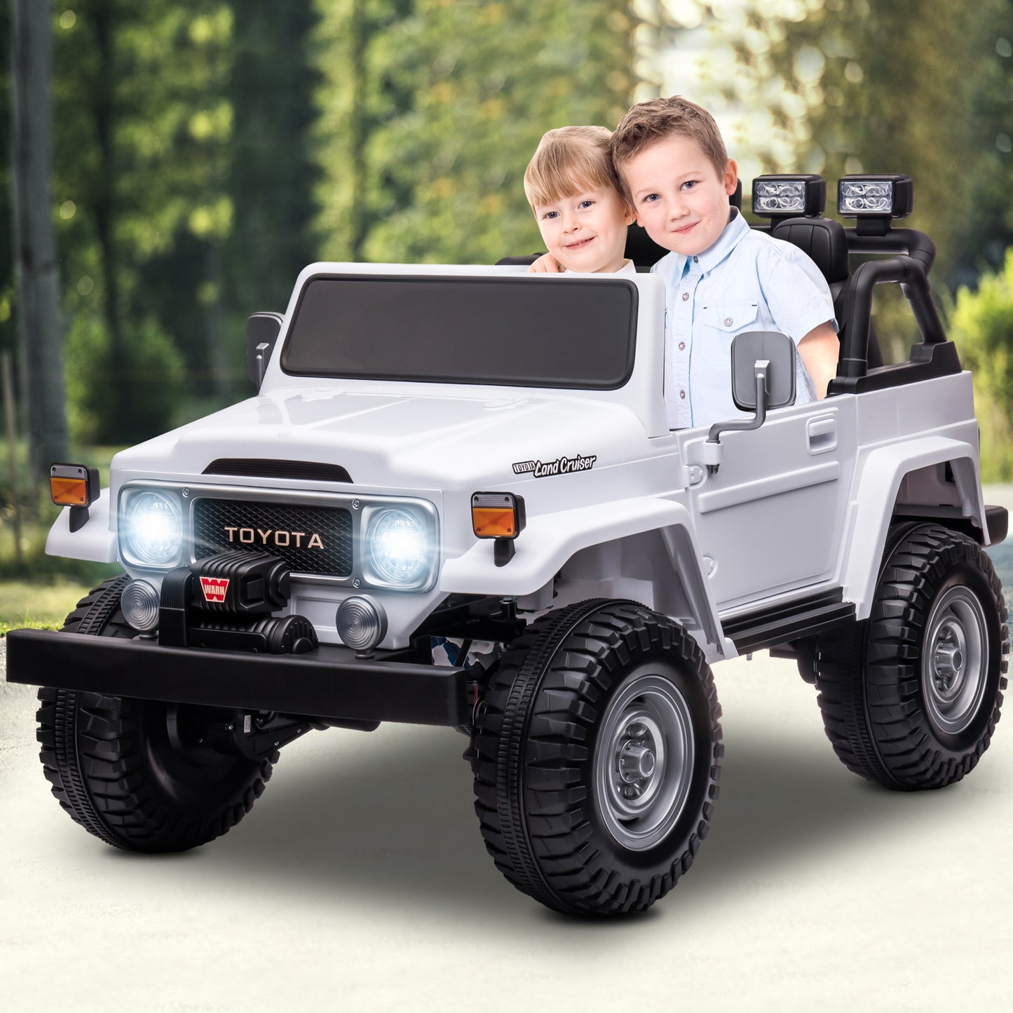 2 Seater 24 Volt Ride On Car with Remote Control, Licensed Toyota FJ40 Ride on Toys Truck for Boys Girls, Kids Electric Vehicle Car with LED Light, Bluetooth/FM Radio/Music, 4 Wheels Suspension, White