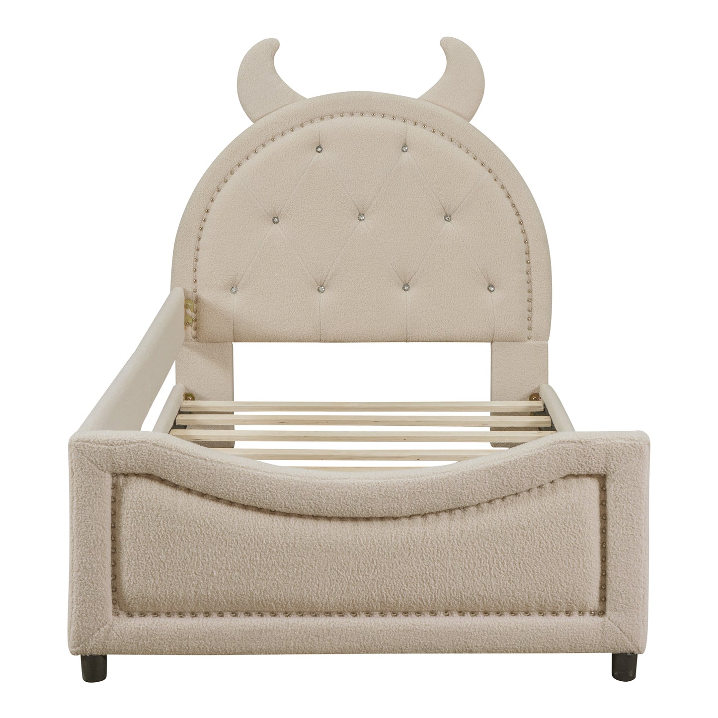 iRerts Twin Size Upholstered Daybed Frame for Kids, Teddy Fleece Twin Platform Bed Frame with OX Hor Shaped Headboard and Footboard, Wood Twin Size Sofa Bed for Girls Boys, Beige