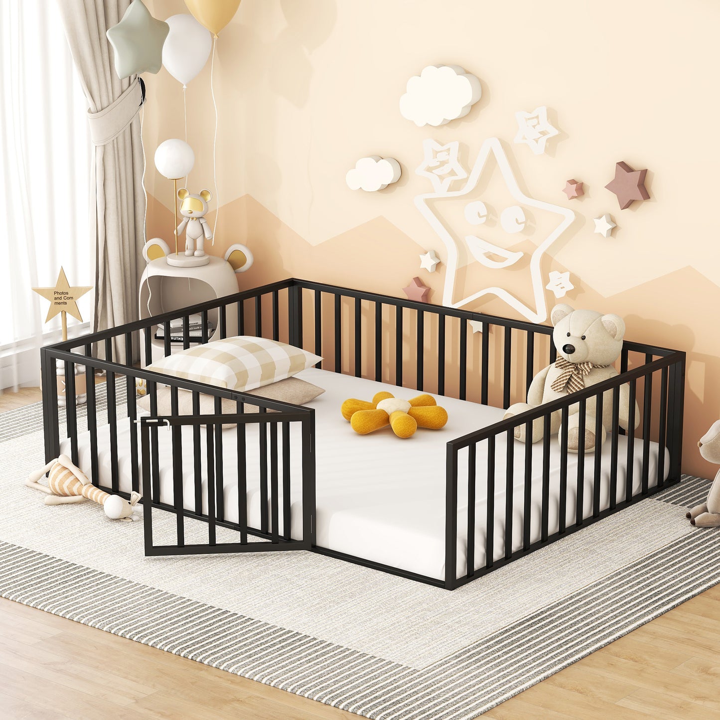 iRerts Queen Floor Bed Frame, Metal Queen Size Montessori Floor Bed Frame with Fence and Door, Kids Toddler Floor Bed Frame Queen Size for Girls Boys, Twin Bed Frame without Bed Slats, Black