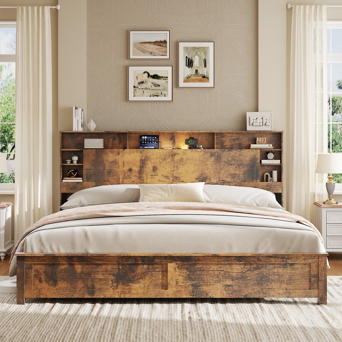 iRerts Wood King Platform Bed Frame, King Bed Frame with Storage Headboard, Charging Station, LED Lights, King Bed Frame No Box Spring Needed, Dark Brown