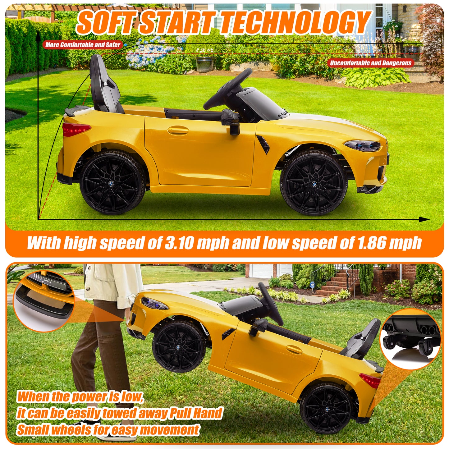 BMW M4 Red 12V Ride On Cars with Remote Control, Battery Powered Ride on Toys with Music, Bluetooth, Story, USB/MP3 Port, LED Light, Kids Electric Vehicle for Boys Girls with Wheels, Easy to Carry