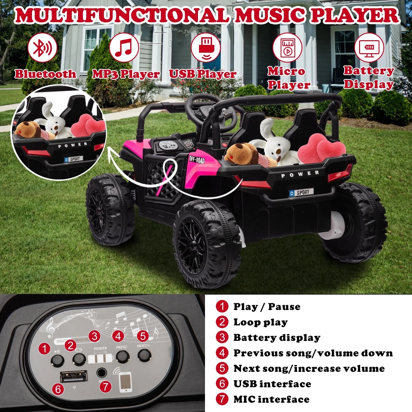12V Ride on UTV Cars for Kids, Battery Powered Ride on Toys with Remote Control, Bluetooth, MP3 Player, LED Headlights, Safety Belt, 4 Wheeler Suspension, Electric Car for Kids 3-6 Boys Girls, Pink