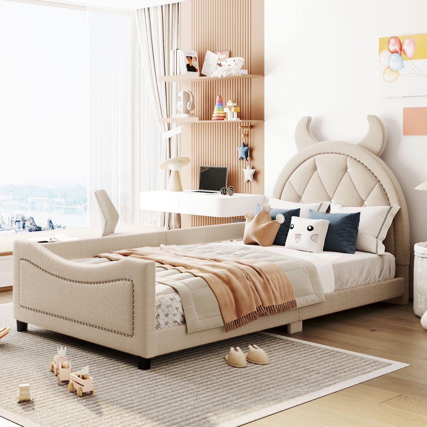 iRerts Twin Size Upholstered Daybed Frame for Kids, Teddy Fleece Twin Platform Bed Frame with OX Hor Shaped Headboard and Footboard, Wood Twin Size Sofa Bed for Girls Boys, Beige