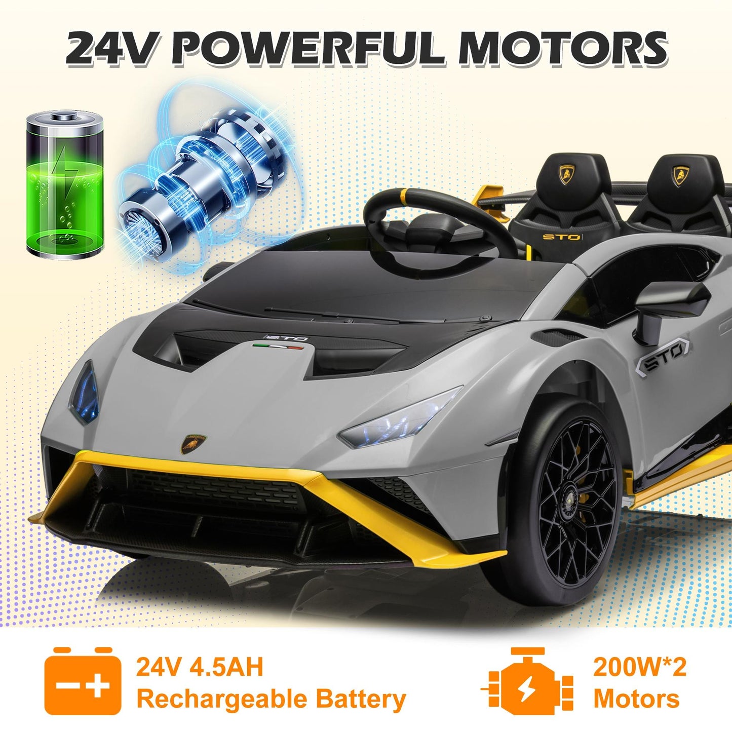 iRerts Gray 24V Lamborghini Ride on Cars with Remote Control, Battery Powered Kids Ride on Toys for Boys Girls 3-8 Ages, 4 Wheels Electric Cars for Kids with Bluetooth/Music/USB Port/LED Lights