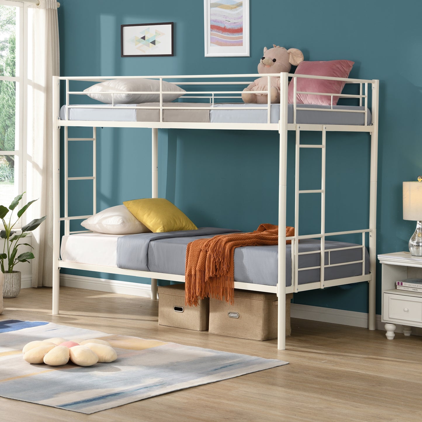 iRerts Metal Twin over Twin Bunk Bed, Convertible Bunk Beds Twin over Twin with 2 Ladders and Full-Length Guardrail, Modern Twin Bunk Beds for Adults Teens Kids Bedroom, No Box Spring Needed, White