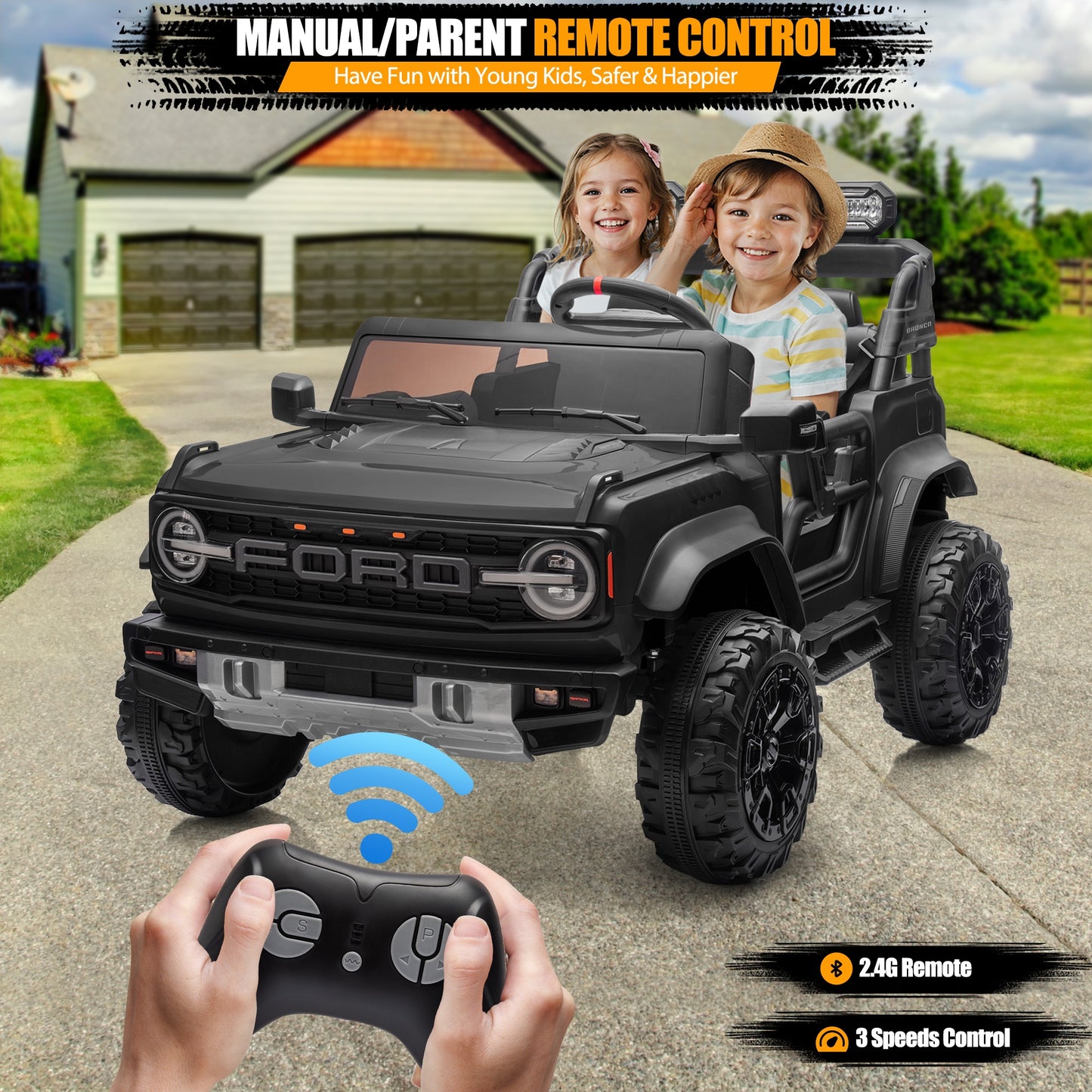 Ford Bronco Raptor 24V Ride on Toys, 2 Seater Ride on Cars with Remote Control, Bluetooth Music, Spring Suspension, Battery Powered Electric Car for Kids Ages 3-8, Black