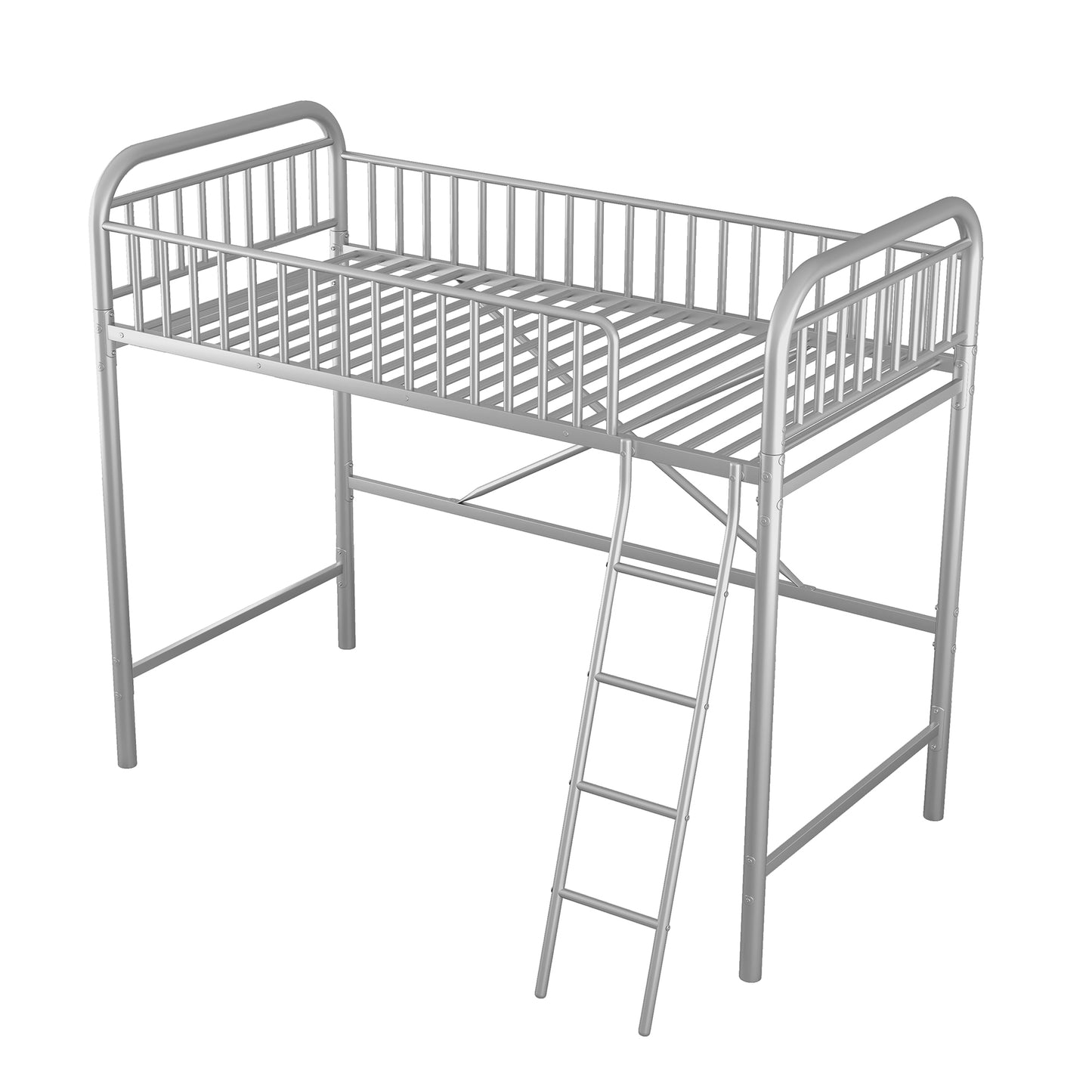 iRerts Twin Size Loft Bed, Metal Loft Bed Twin for Kids Teens Adults, Twin Loft Bed with Ladder and Full-Length Guardrail, Twin Metal Loft Bed for Bedroom Dorm Guest Room, No Box Spring Needed, Silver