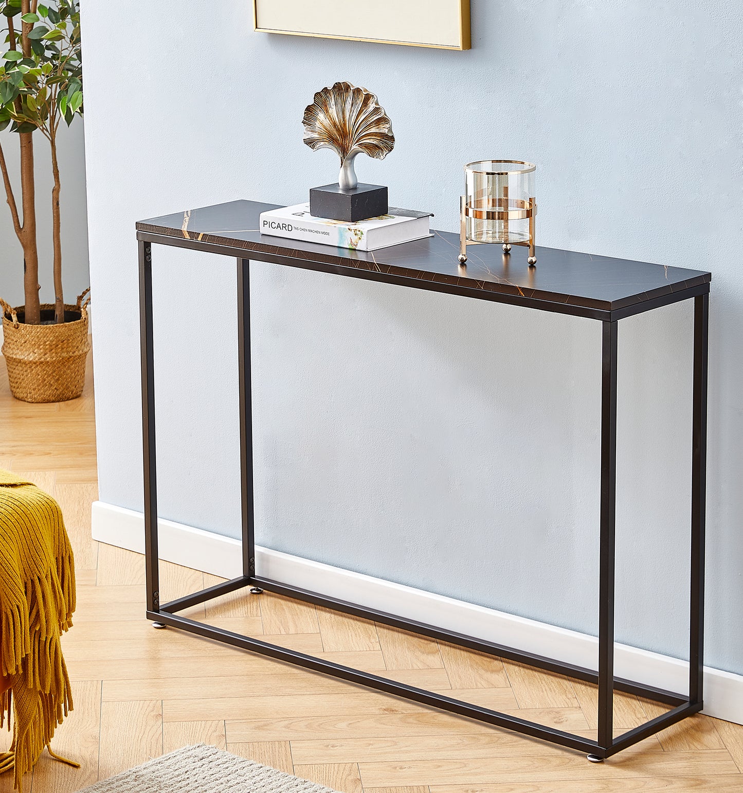 iRerts Console Table Narrow Sofa Table with Metal Frame, Black Entryway Table with MDF Tabletop, Industrial Skinny Hallway Table Sofa Tables Narrow Long for Hallway Living Room Home Office Entrance