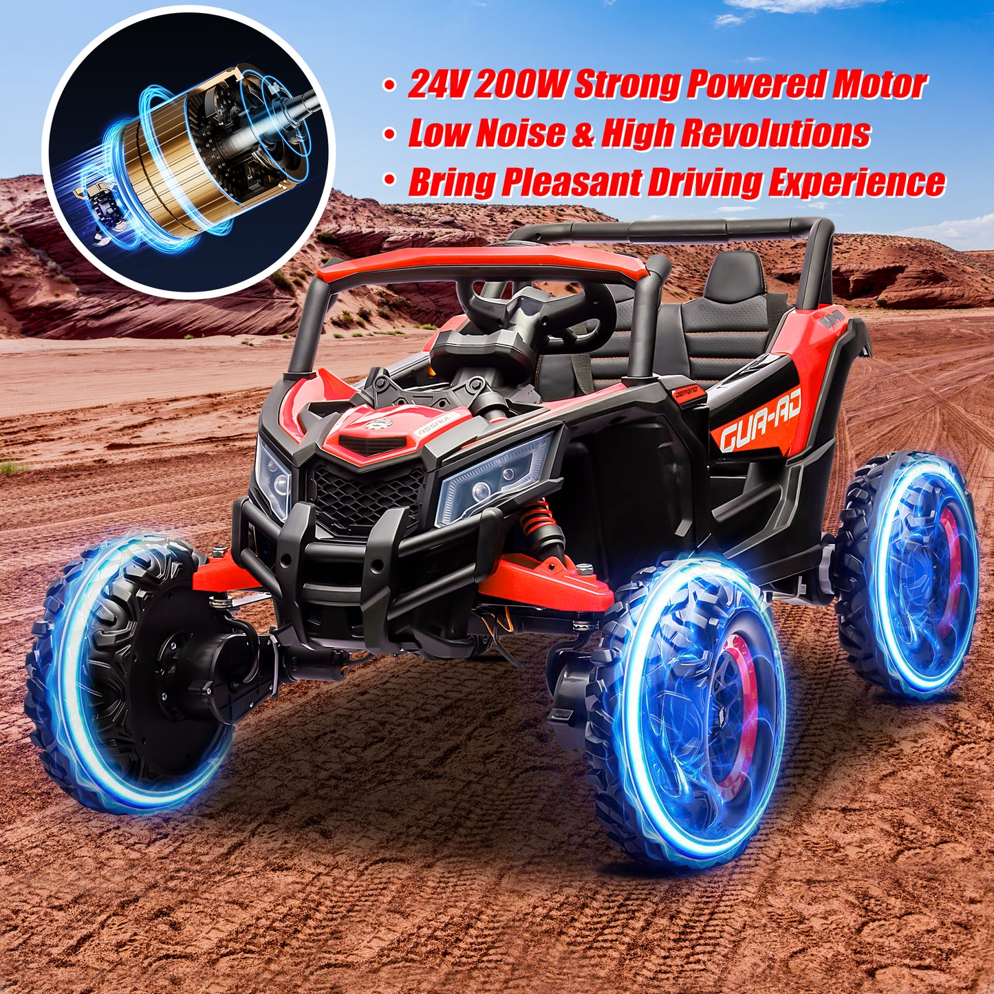iRerts Red 24V Battery Powered Ride on UTV Cars for Boys Girls, Kids Ride on Toys with Remote Control, Music, LED Light, USB, Bluetooth, Large Seat Kids Electric Vehicle for Christmas Birthday Gifts