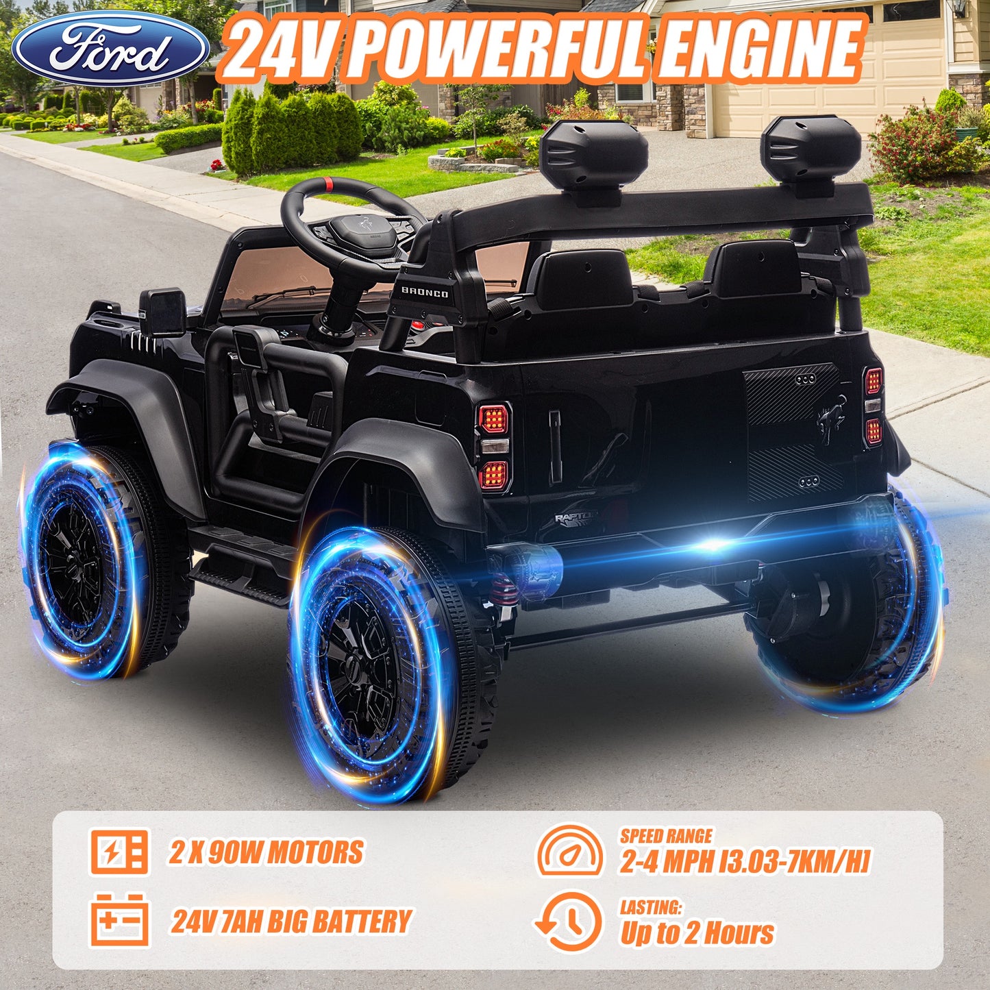 24V 2 Seater Ride on Toy Car, Licensed Ford Bronco Raptor Ride on Trucks with Remote Control, Bluetooth Music Player, Spring Suspension, Battery Powered Electric Car for Kids Boys Girl Ages 3-8, Black