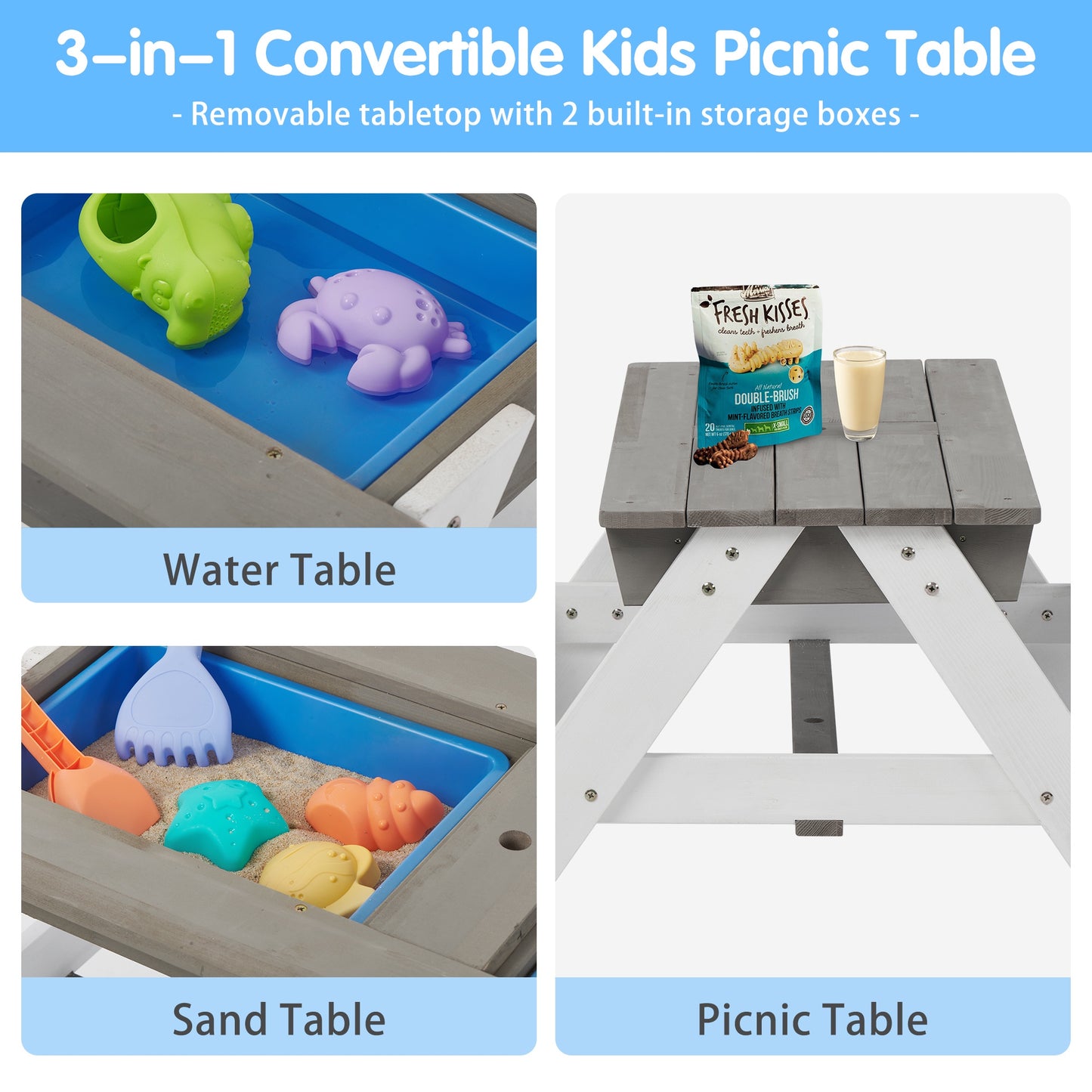 Kids Outdoor Picnic Table Set with Bench, 3 in 1 Sand and Water Activity Table Outdoor Convertible Picnic Table with Umbrella, Removable Tabletop, Play Boxes, Kids Table and Chair Set for Patio, Gray