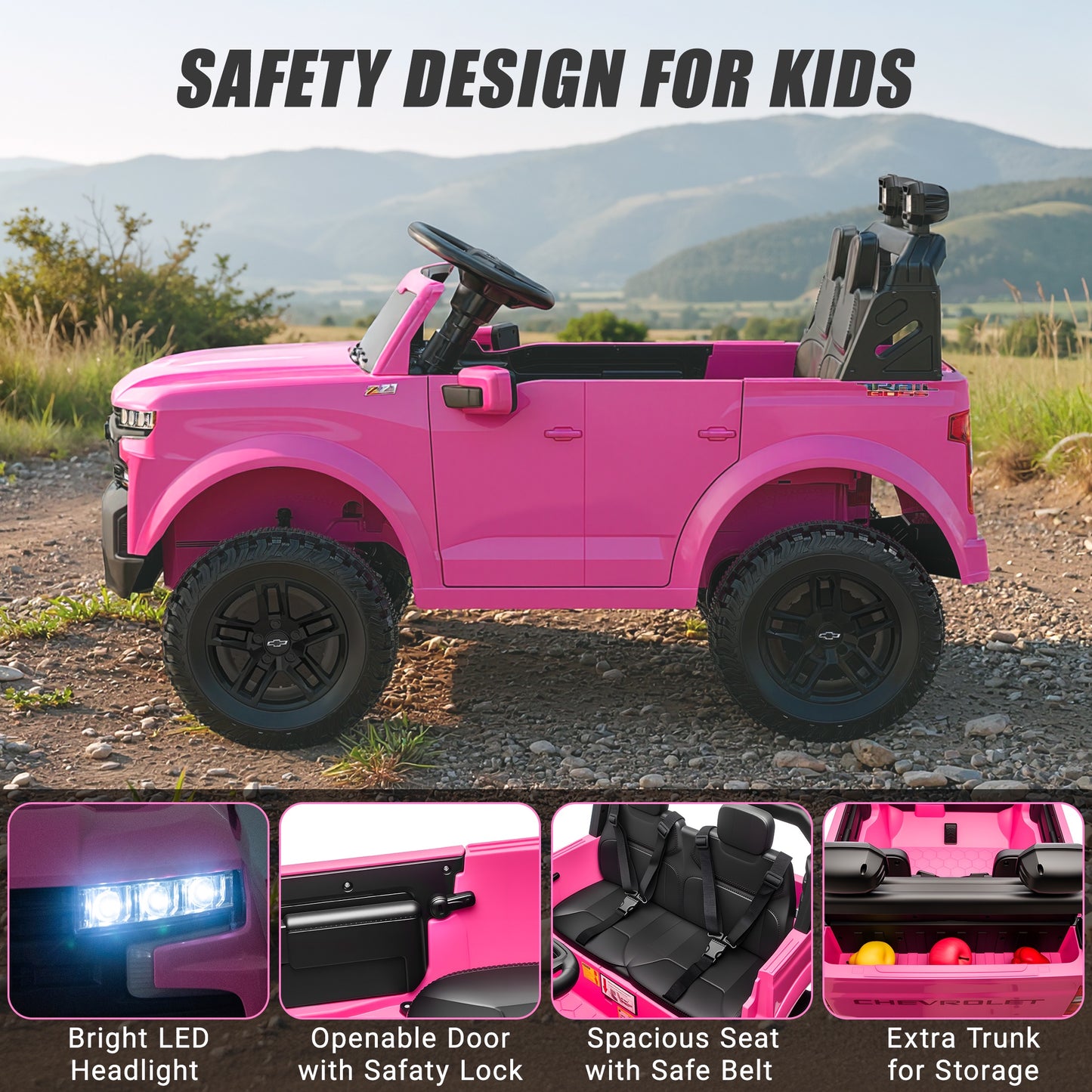 24V Powered Ride on Toys Car, Licensed Chevrolet Silverado 2 Seater Ride on Cars with Remote Control, Spring Suspension, LED Lights, Bluetooth Music, Toddler Electric Car for Kids Ages 3+, Pink