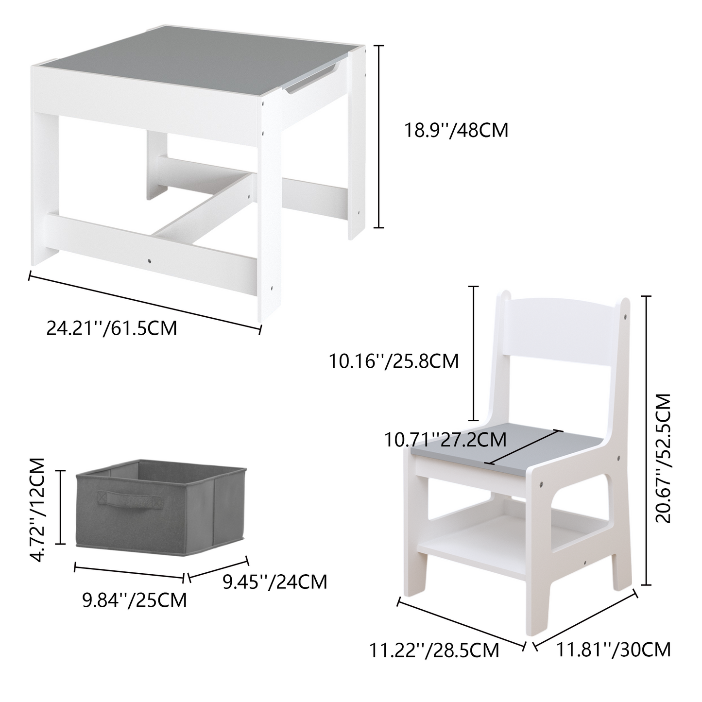 iRerts Kids Table and Chairs Set 5 Piece, Wooden Table and 4 Chairs with Storage Function for Children Toddler, Gray and White