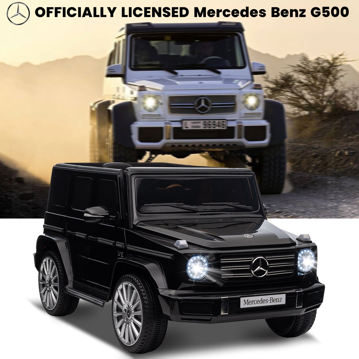 24V Ride On Cars with Remote Control, Licensed Mercedes Benz G500 Kids Electric Car for Boys Girls Gifts, Battery Powered Ride on Trucks Toys with Bluetooth, MP3, Music, Led Lights, USB, Black