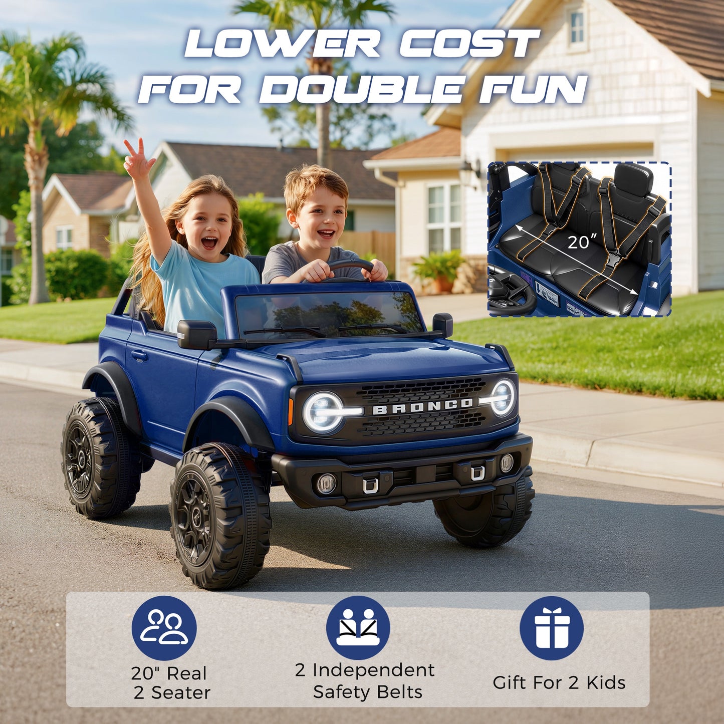 iRerts 2 Seater Ride on Cars, Licensed Ford Bronco Base 24V Ride on Toys for Big Kids Ages 3-8, Powered Kids Car Electric Vehicle with Remote Control, Bluetooth, LED Lights, 4 Wheel Suspension, Blue