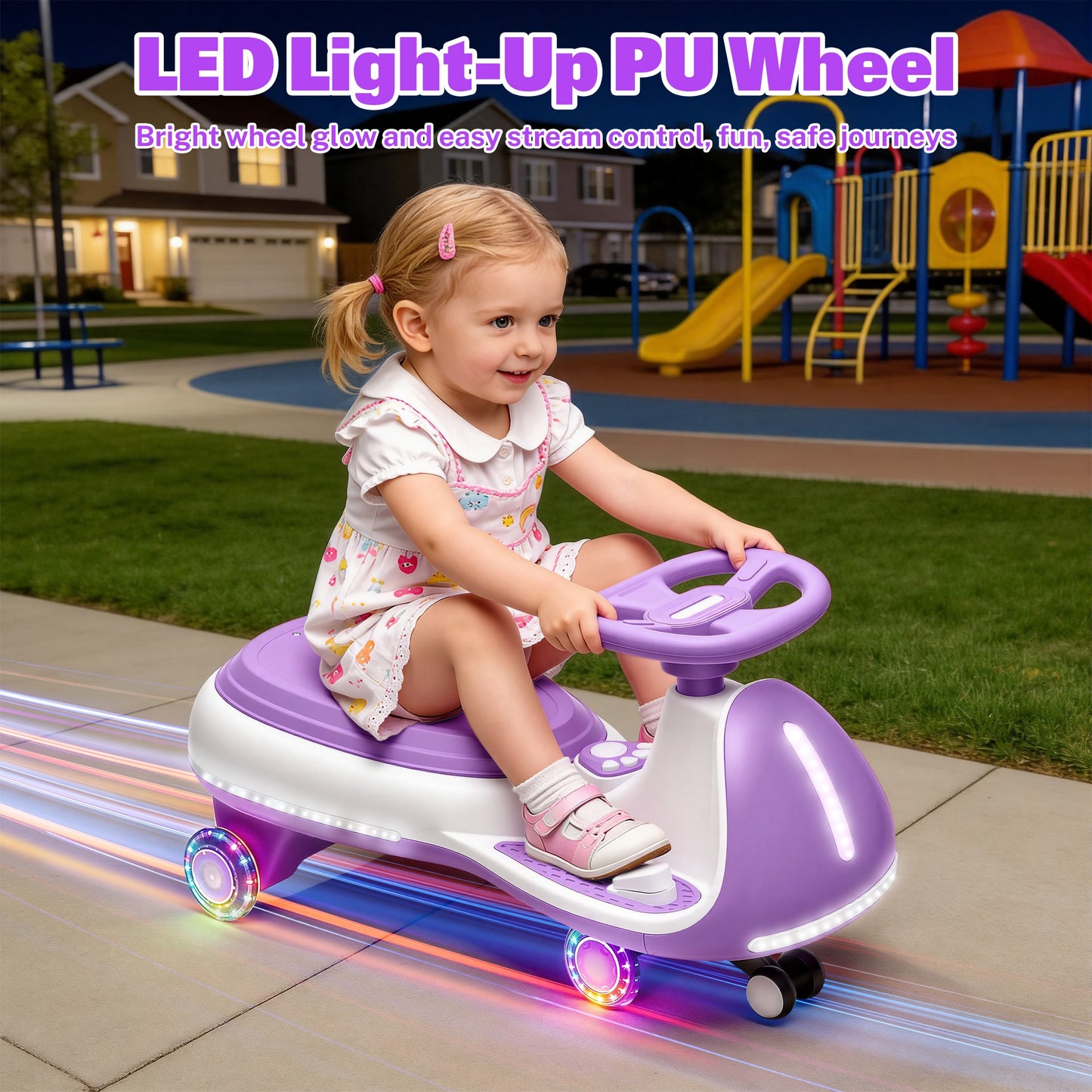 iRerts 12V Ride on Toys, Electric Ride on Wiggle Car with Pedal, 2 in 1 Swing Car Kids Wiggle Car for Toddlers Ages 3+, Kids Cars with Flashing PU Wheels, Bluetooth Music, 5MPH Max Speed, Purple