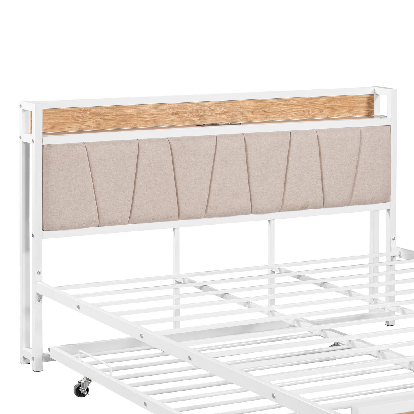 Queen Size Metal Platform Bed Frame with Twin Size Trundle, Queen Size Bed Frame with Upholstered Headboard, USB Ports, Steel Slat Support, Queen Bed Frame No Box Spring Needed for Bedroom, White