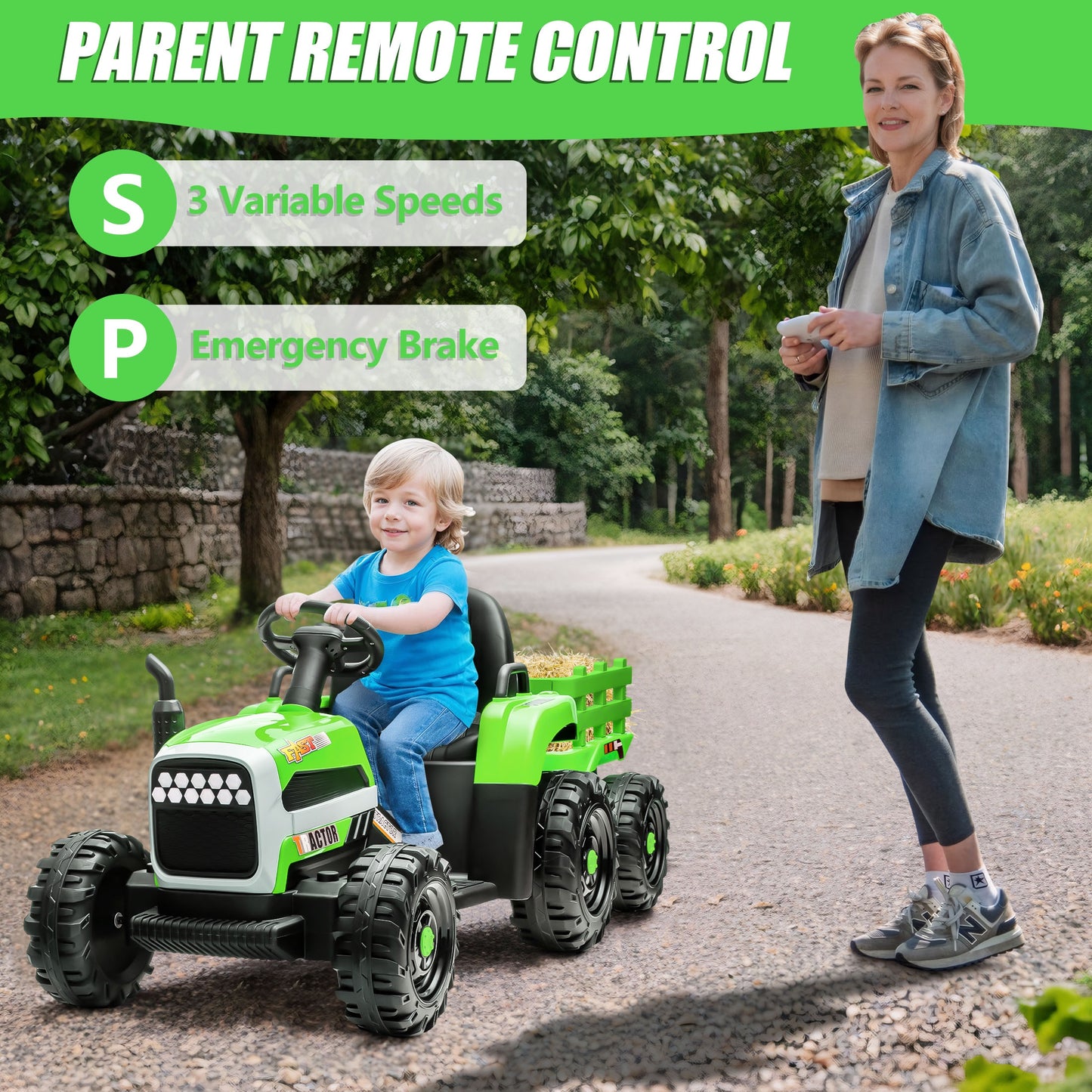 Powered Ride on Toy Tractor, 24V Kids Ride on Car with Remote Control, Electric Vehicles for Kids Toddlers 3-6 Years with 3 Speeds, Bluetooth, Music Player, LED Light, Rear Wheel Suspension, Green