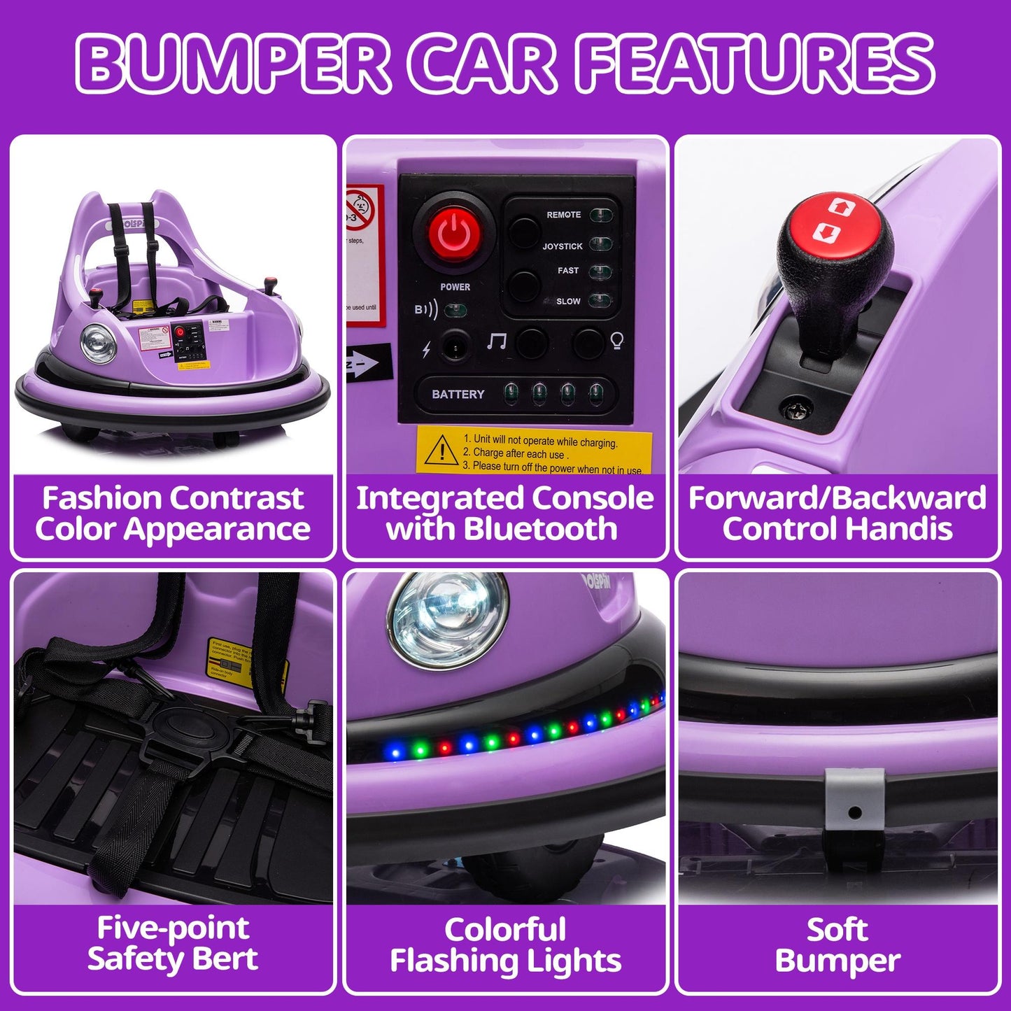 iRerts 12V Bumper Cars for Kids, Bumper Car Ride on with Remote Control, Battery Powered Kids Ride on Toys for 2-5 Year Old Boys Girls, Kids Electric Cars with Bluetooth, Music, LED Light, Purple