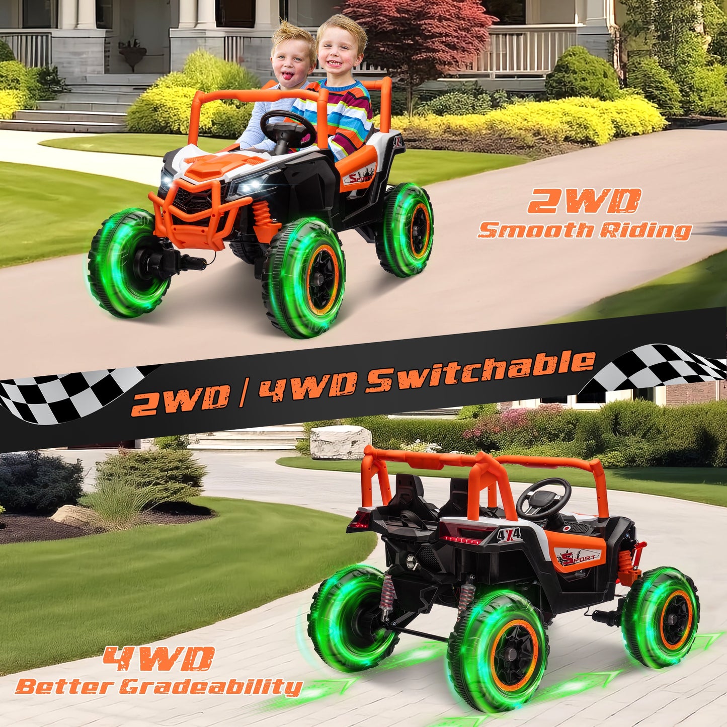 iRerts 24V Ride on UTV Cars 2 Seater, Kids Electric Ride on Toy Car with Remote Control, Music, LED Light, USB, Bluetooth, Kids Electric Vehicle for Christmas Birthday Gifts, Orange