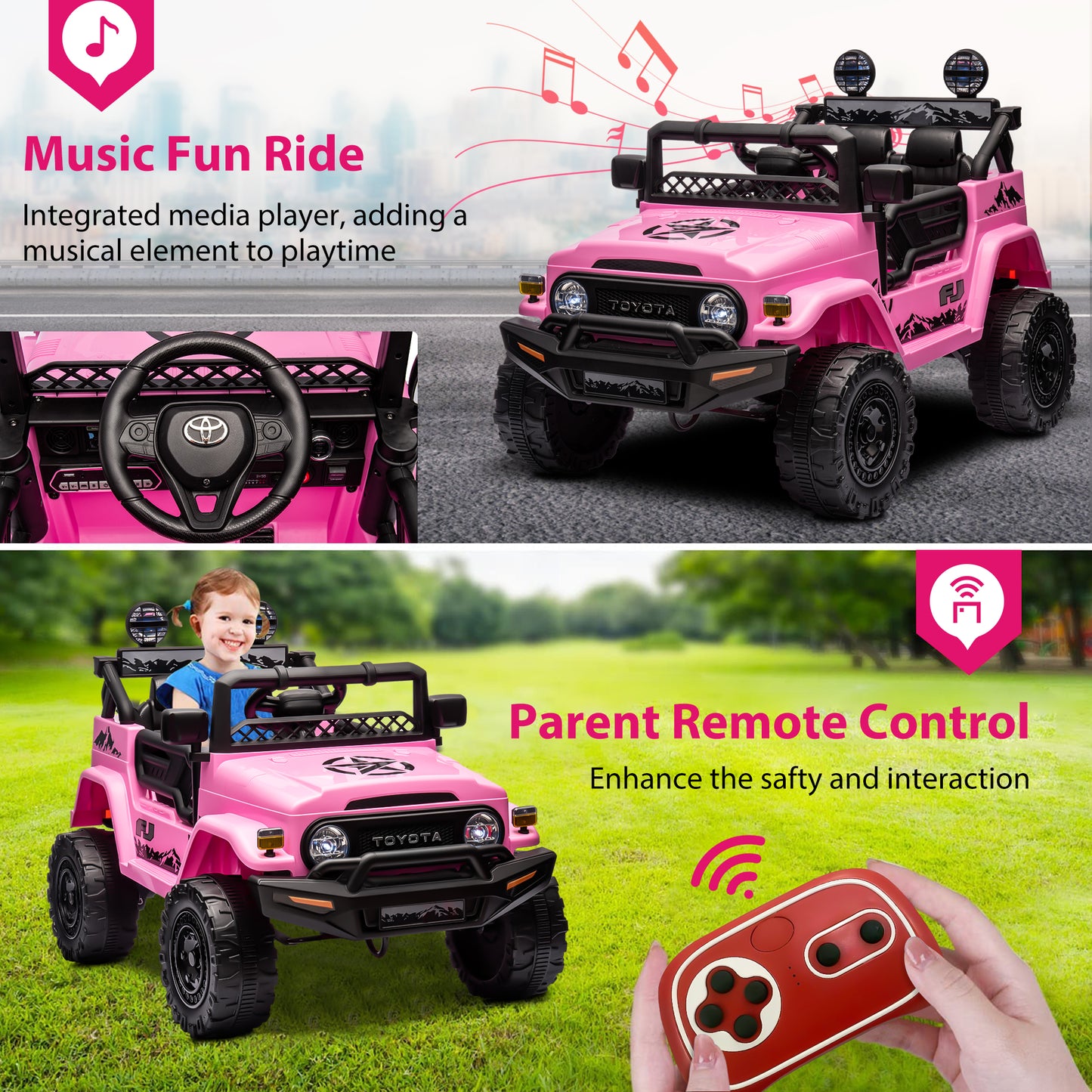 12V Ride on Cars with Remote Control, Licensed Toyota FJ Cruiser Ride on Trucks Vehicle with Bluetooth, Music, MP3/USB Port, Battery Powered Ride on Toys for Kids Boys Girls Birthday Gift, Pink