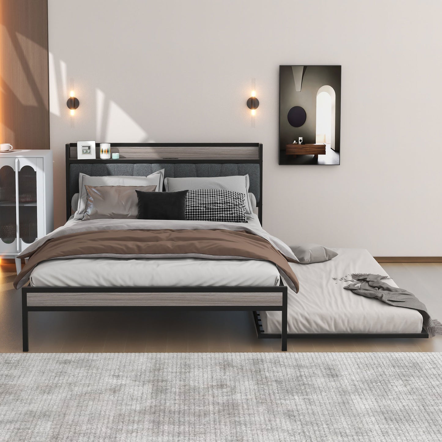 Queen Size Metal Platform Bed Frame with Twin Size Trundle, Queen Size Bed Frame with Upholstered Headboard, USB Ports, Steel Slat Support, Queen Bed Frame No Box Spring Needed for Bedroom, Black