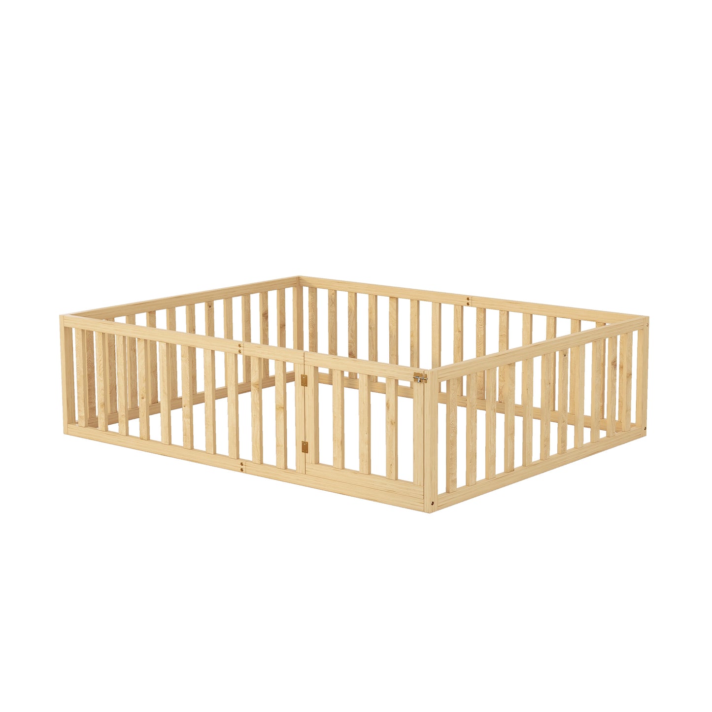 iRerts Queen Floor Bed Frame for Kids Toddlers, Wood Montessori Low Floor Queen Size Bed Frame with Fence Guardrail and Door, kids Queen Bed for Boys Girls, Spring Needed, Natural